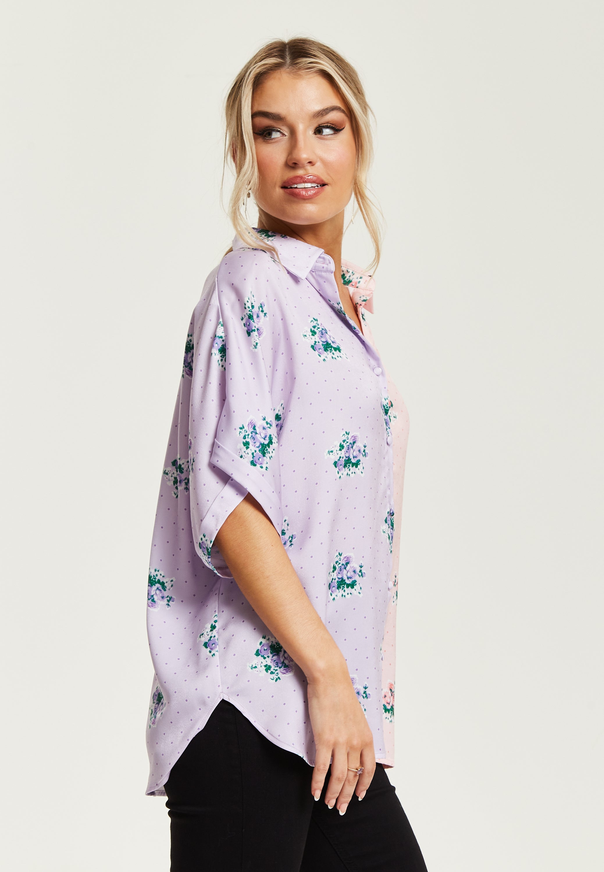 Women's Pink And Lilac Floral Print Shirt With Short Sleeves, Button Up Front, Regular Fit, Shirt Collar