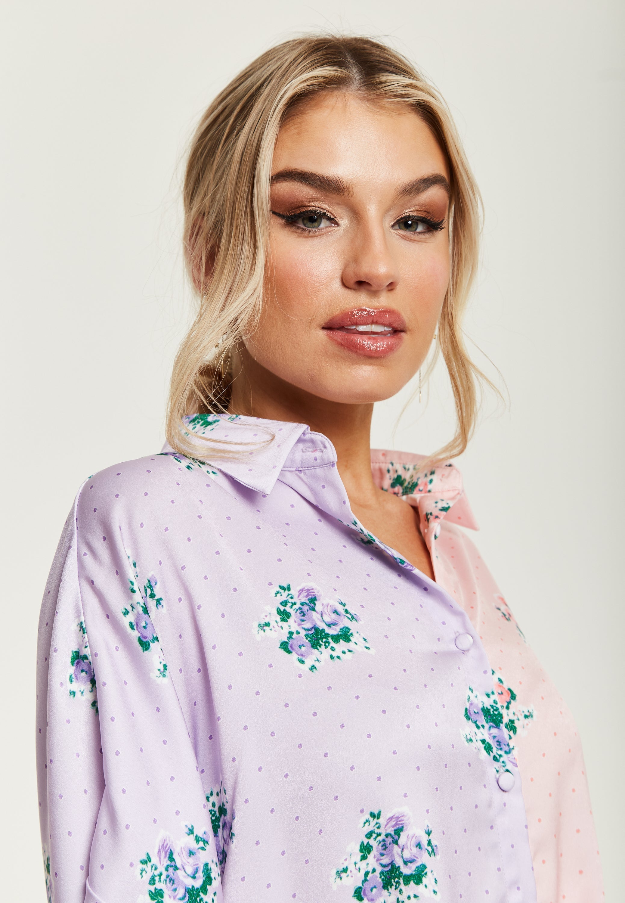 Women's Pink And Lilac Floral Print Shirt With Short Sleeves, Button Up Front, Regular Fit, Shirt Collar