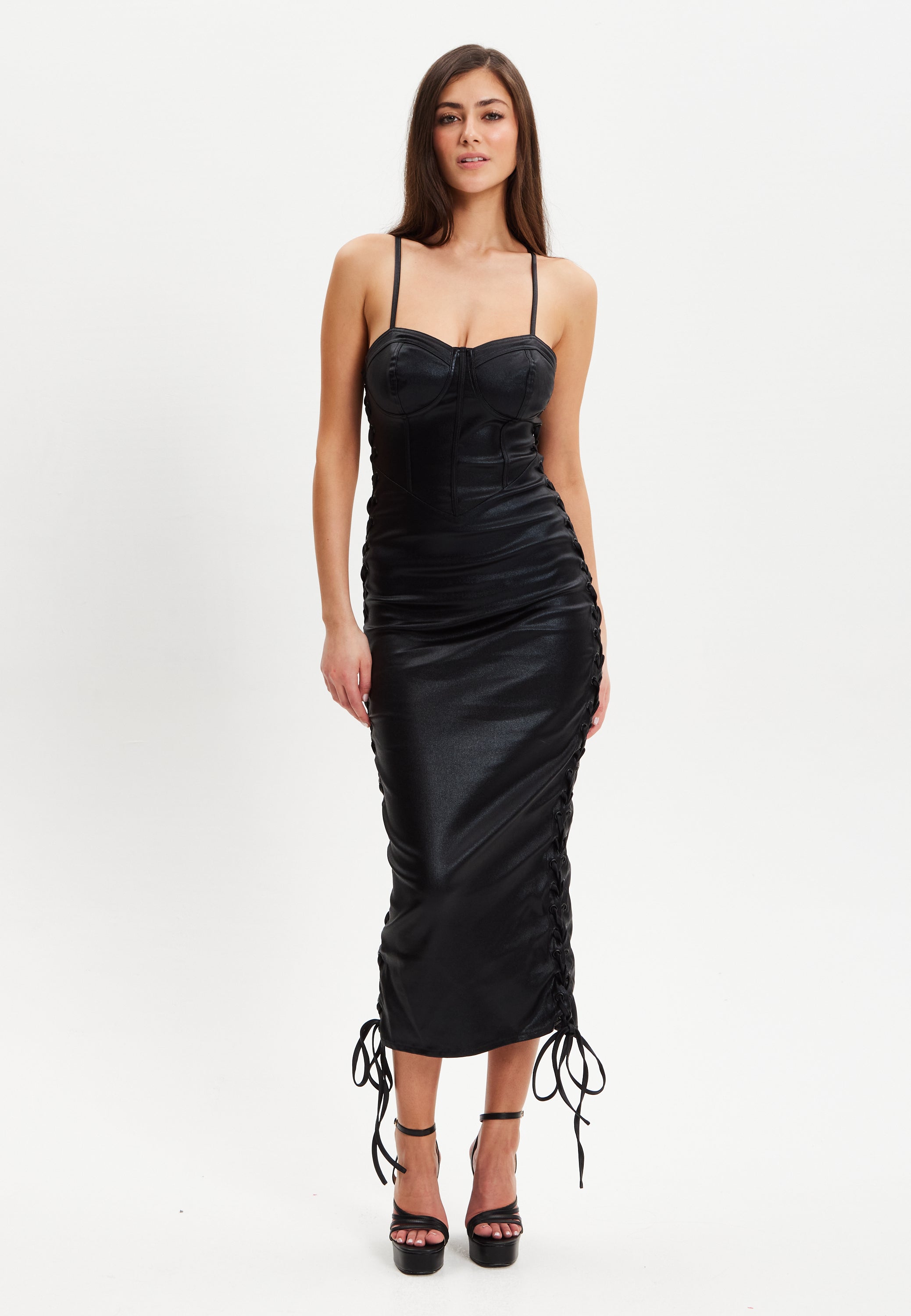 Women’s Midi Dress with Corseted Style, Metallic Foil Finish, Eyelet Accents, Bodycon Fit in Black Lycra