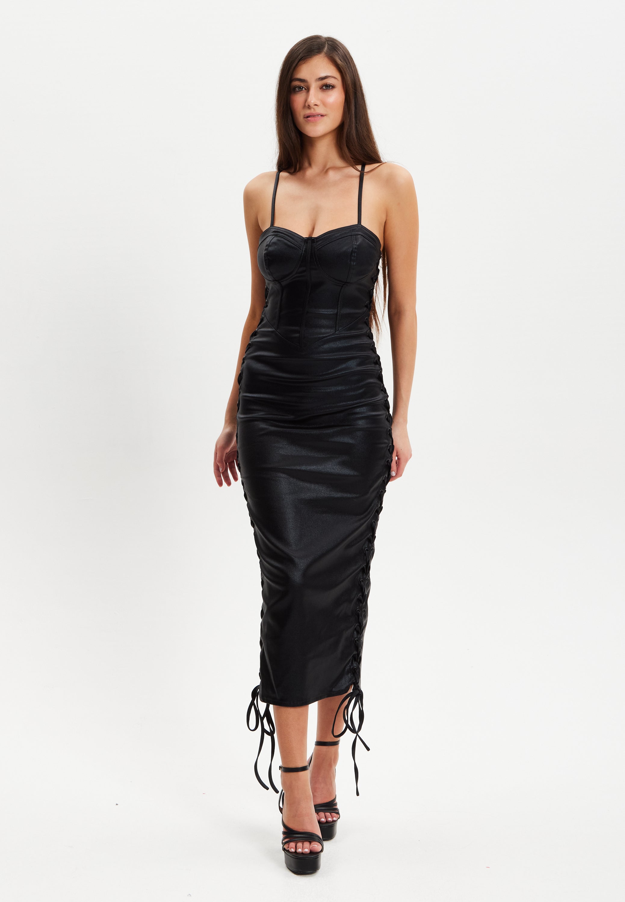 Women’s Midi Dress with Corseted Style, Metallic Foil Finish, Eyelet Accents, Bodycon Fit in Black Lycra