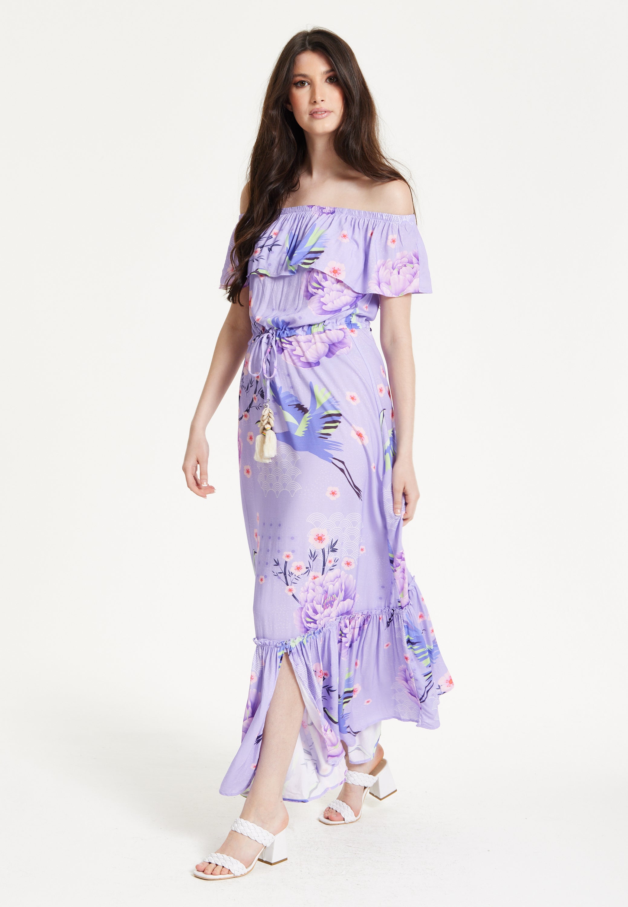 Lilac Floral Off Shoulder Maxi Dress
