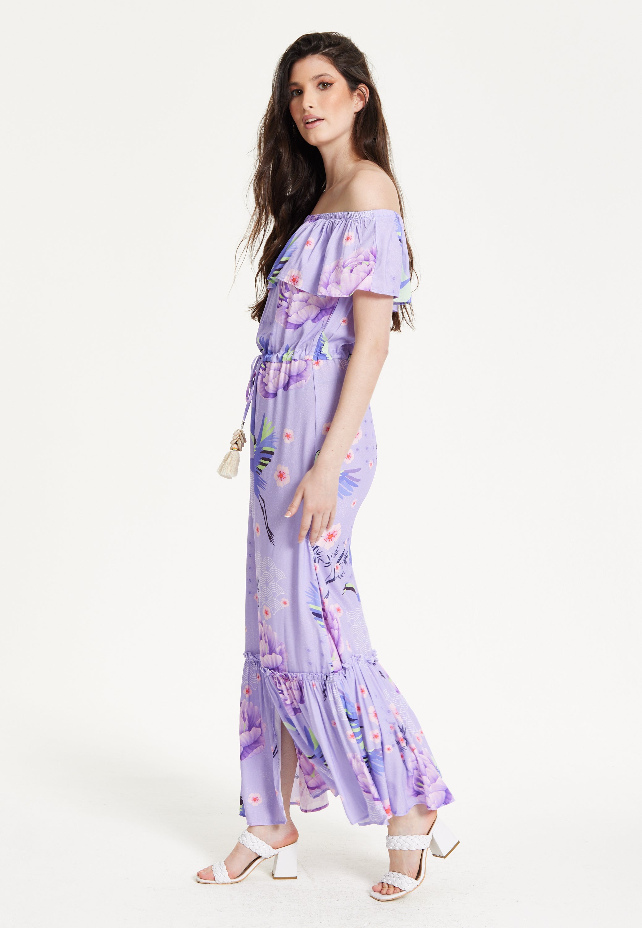 Lilac Floral Off Shoulder Maxi Dress