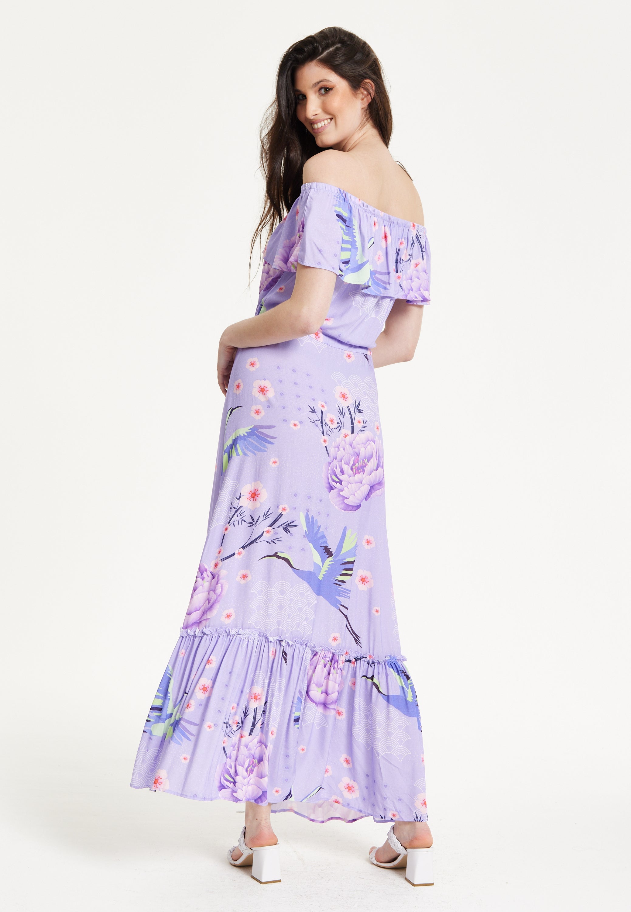 Lilac Floral Off Shoulder Maxi Dress