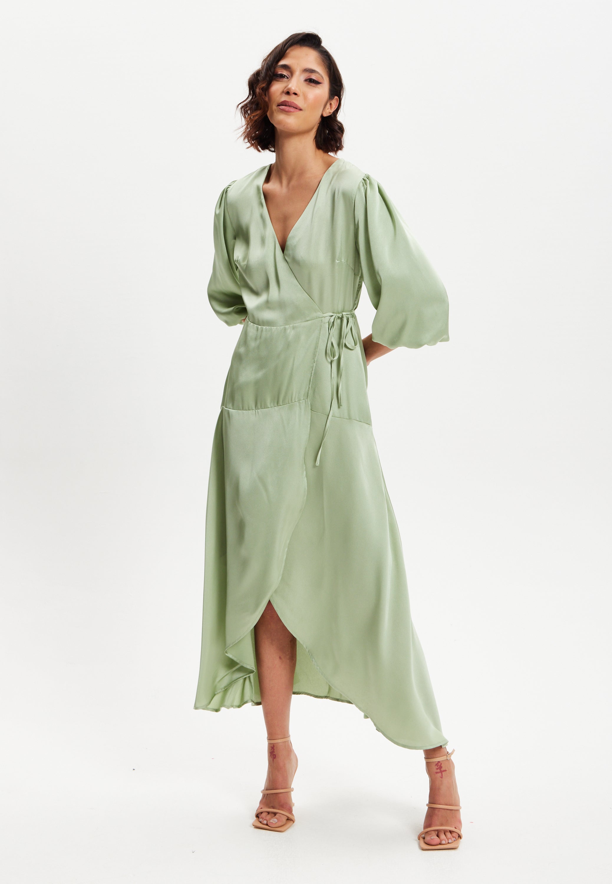 Women's Midi Wrap Dress in Sage Green with Short Puff Sleeves - Elegant Style and Comfort by Liquorish