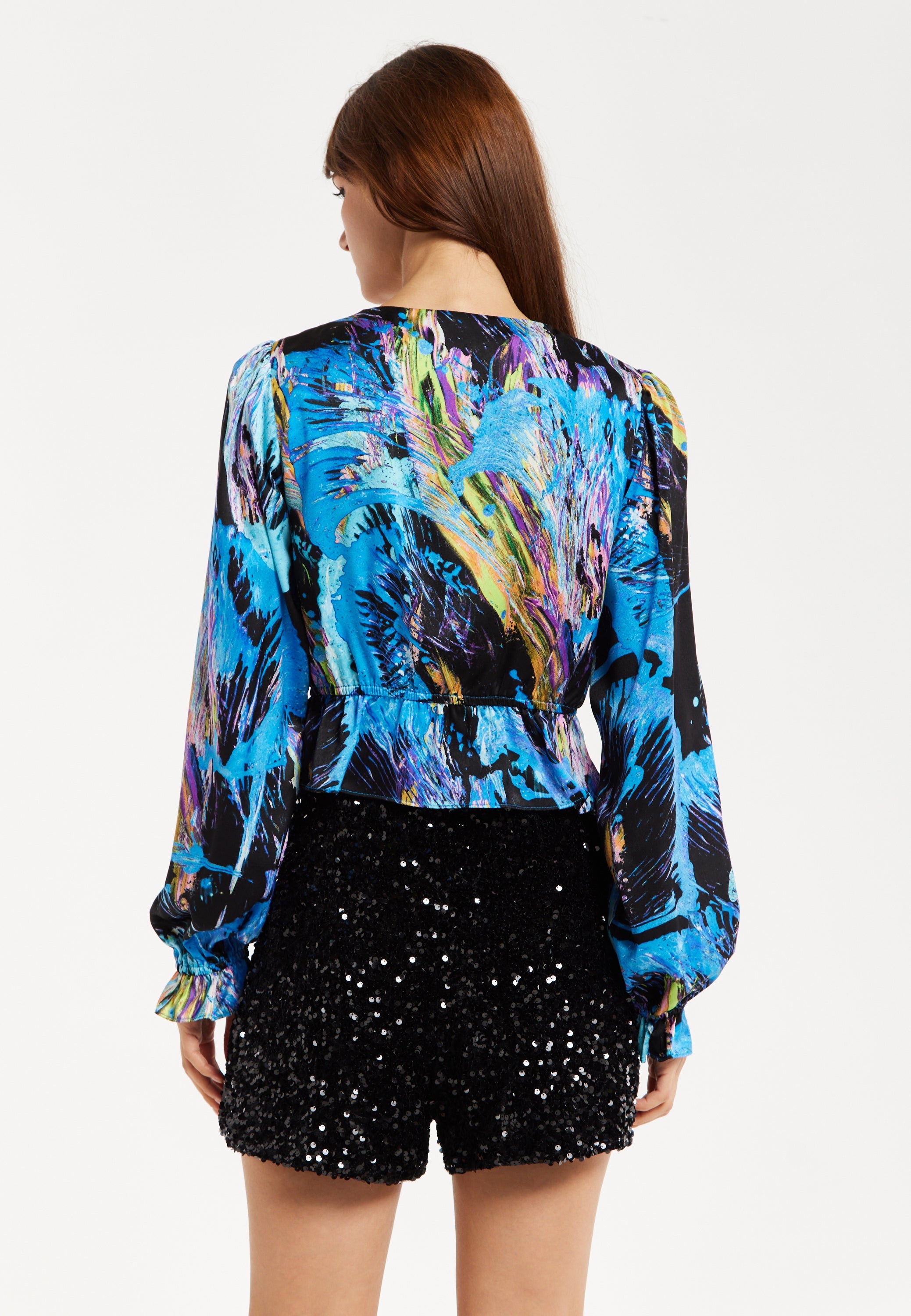 Women’s Multicolour Abstract Print Top - V Neck, Ruched Front, Crop Fit, Long Sleeves, Frill Details