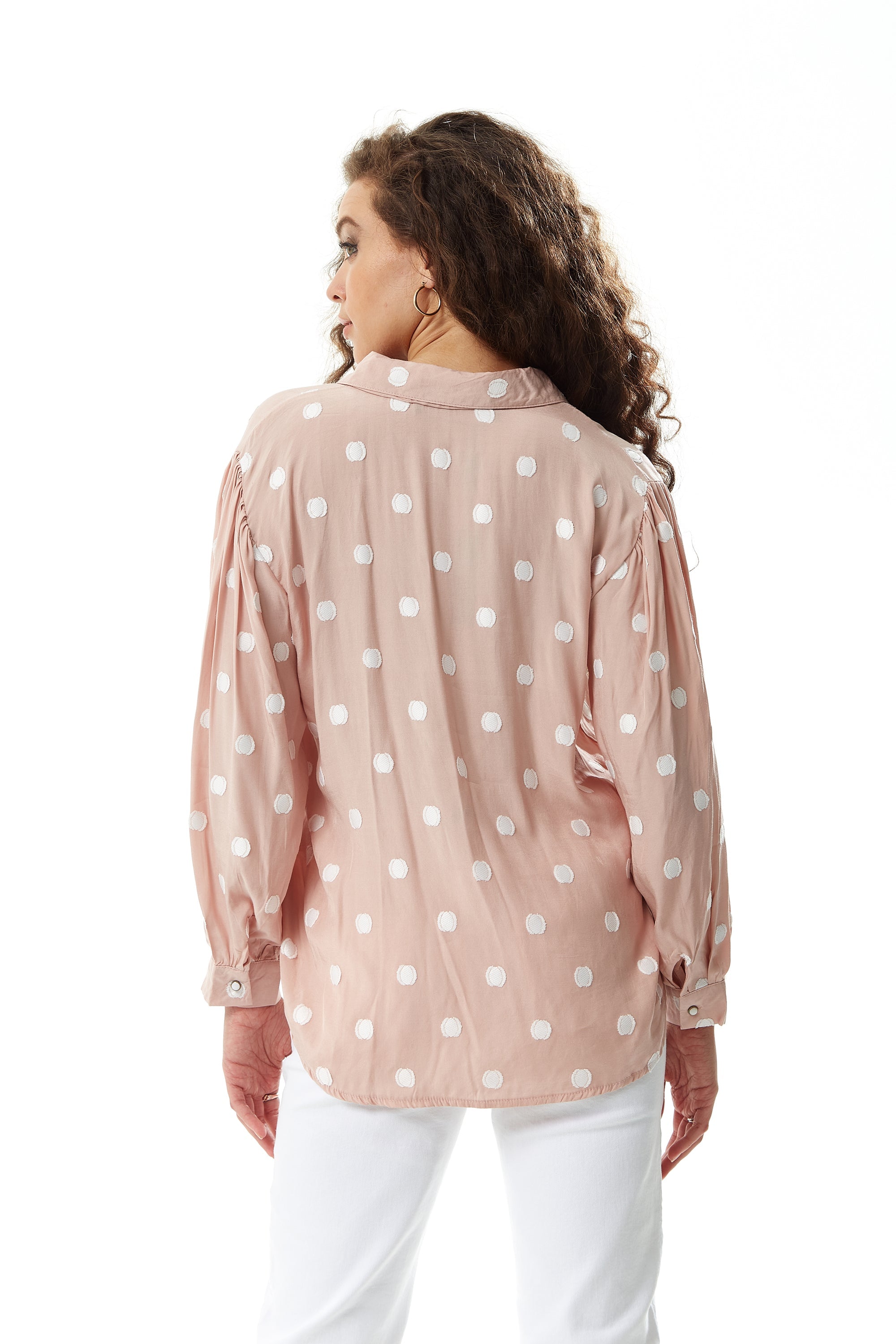 Women's Long Sleeve Nude Polka Dot Button-Up Shirt with Collar - Regular Fit, White Polka Dot Print