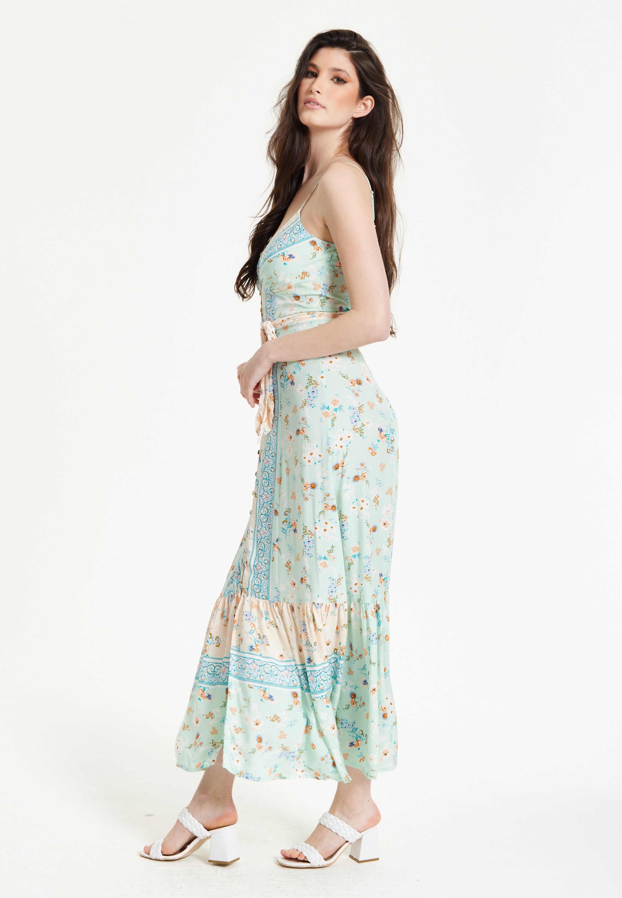 Mint Boho Floral Tie Front Maxi Dress