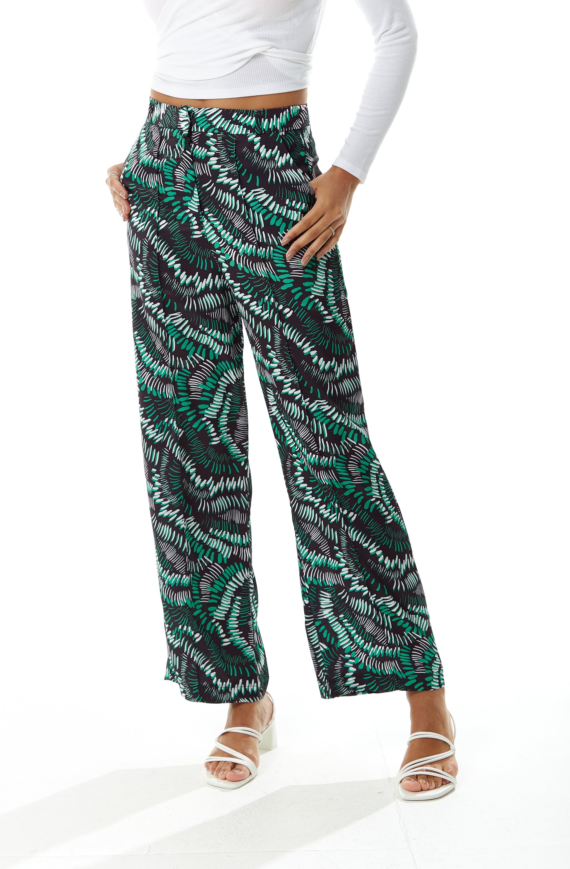 Women's Trousers with Abstract Print in Black, High Rise Wide Leg Style, Front Pockets, Liquorish