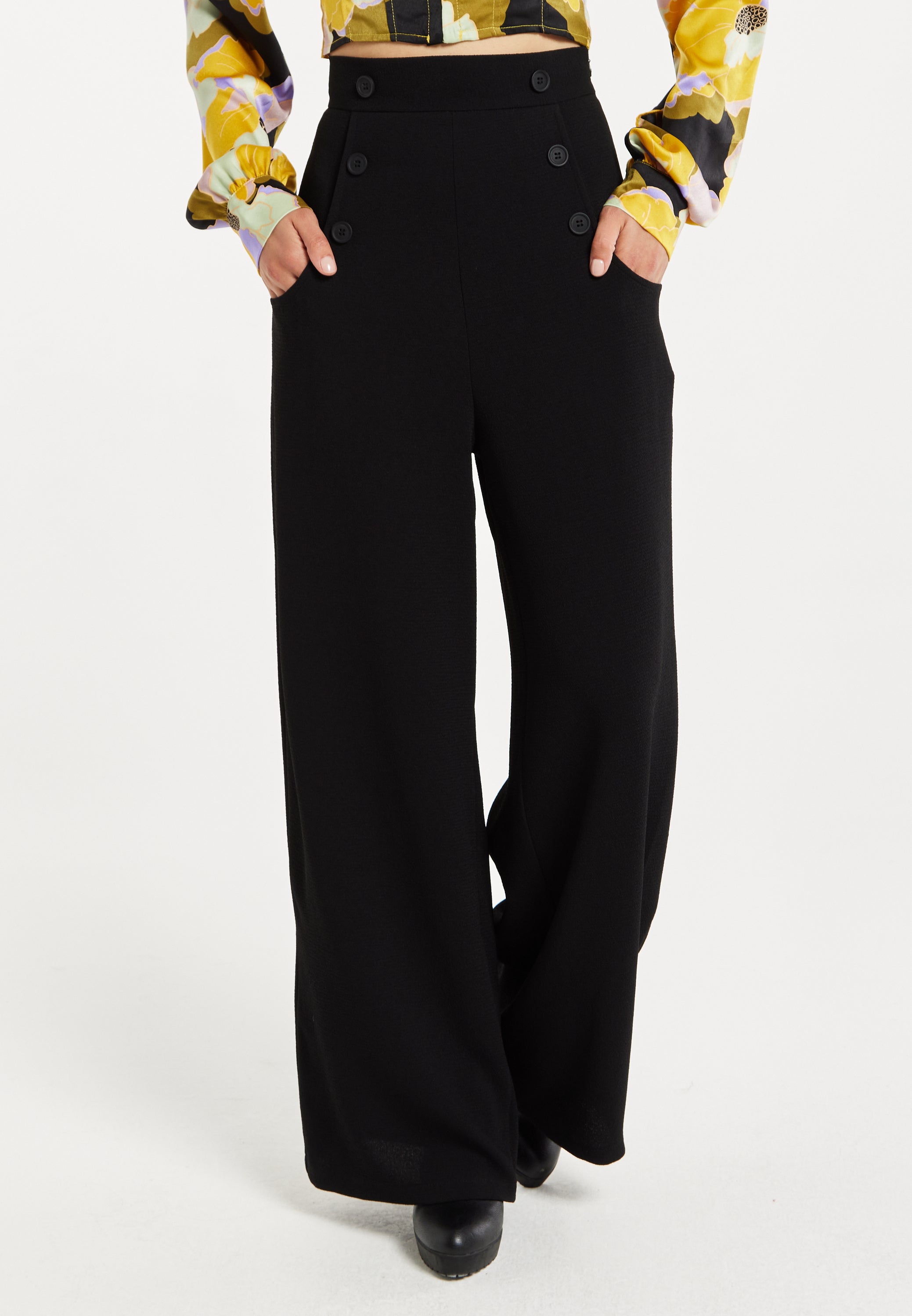 Women's Trousers - High Waist Black Wide Leg Pants with Front Buttons and Pockets, Fits Small to Size, Liquorish
