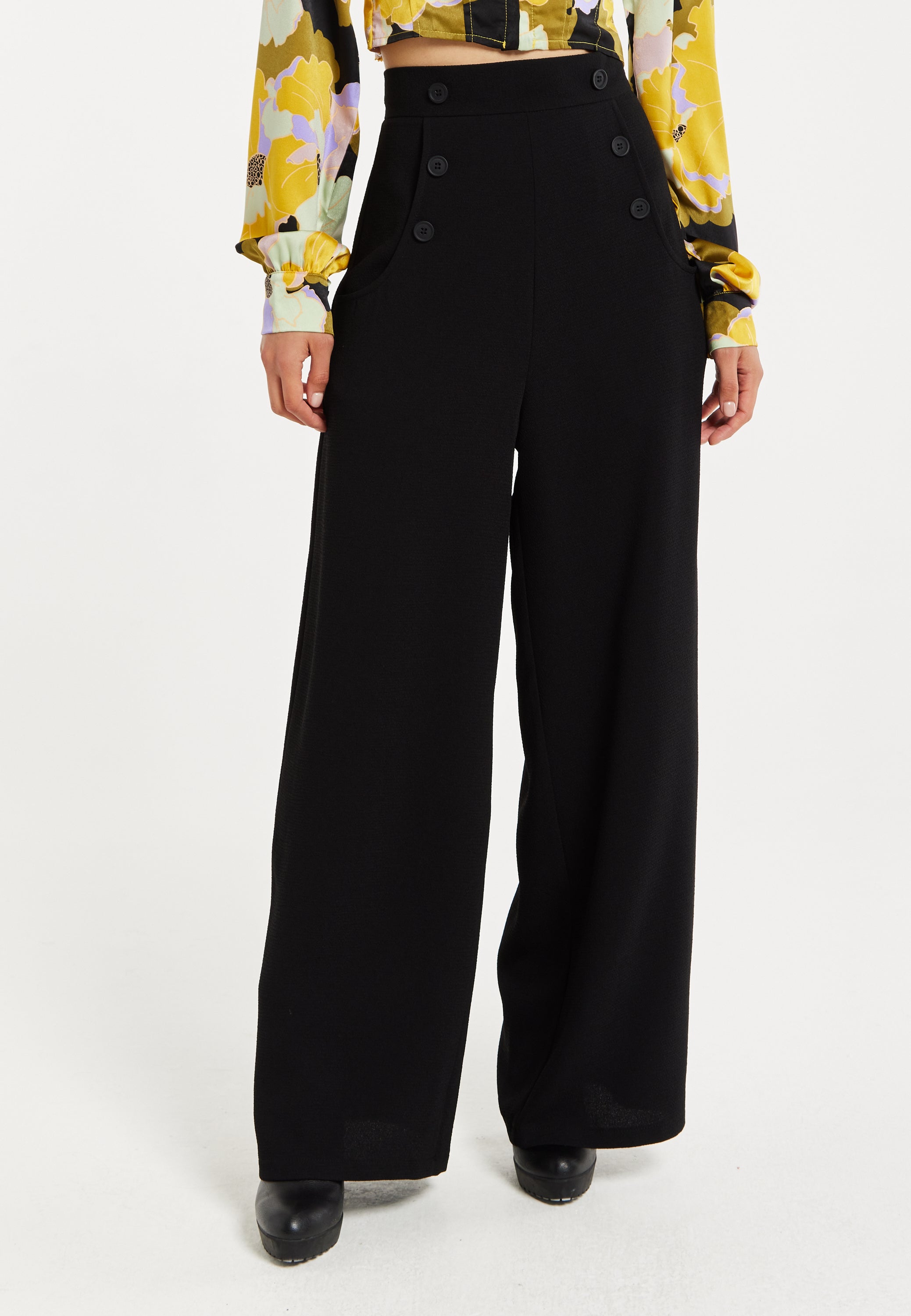 Women's Trousers - High Waist Black Wide Leg Pants with Front Buttons and Pockets, Fits Small to Size, Liquorish