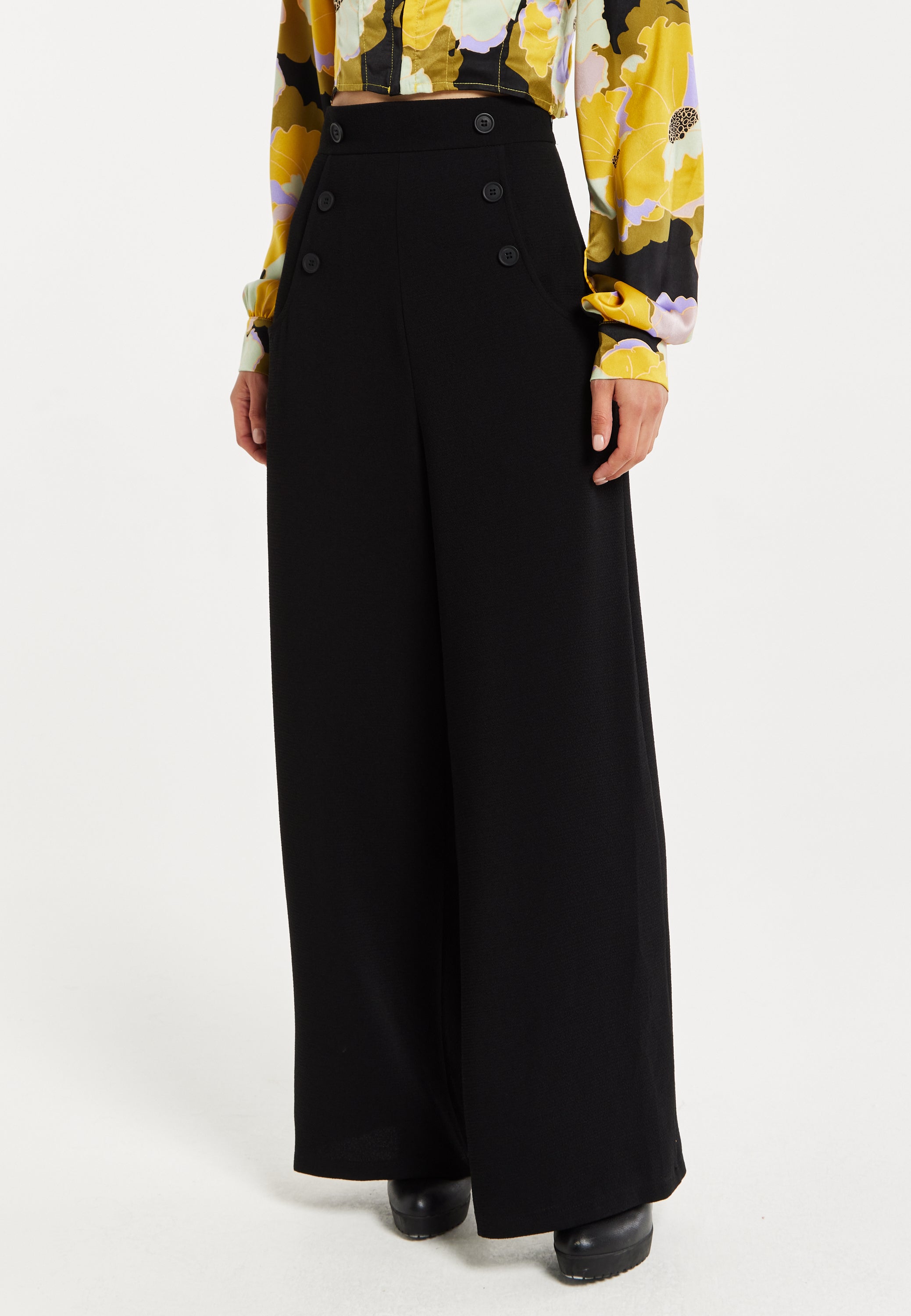 Women's Trousers - High Waist Black Wide Leg Pants with Front Buttons and Pockets, Fits Small to Size, Liquorish