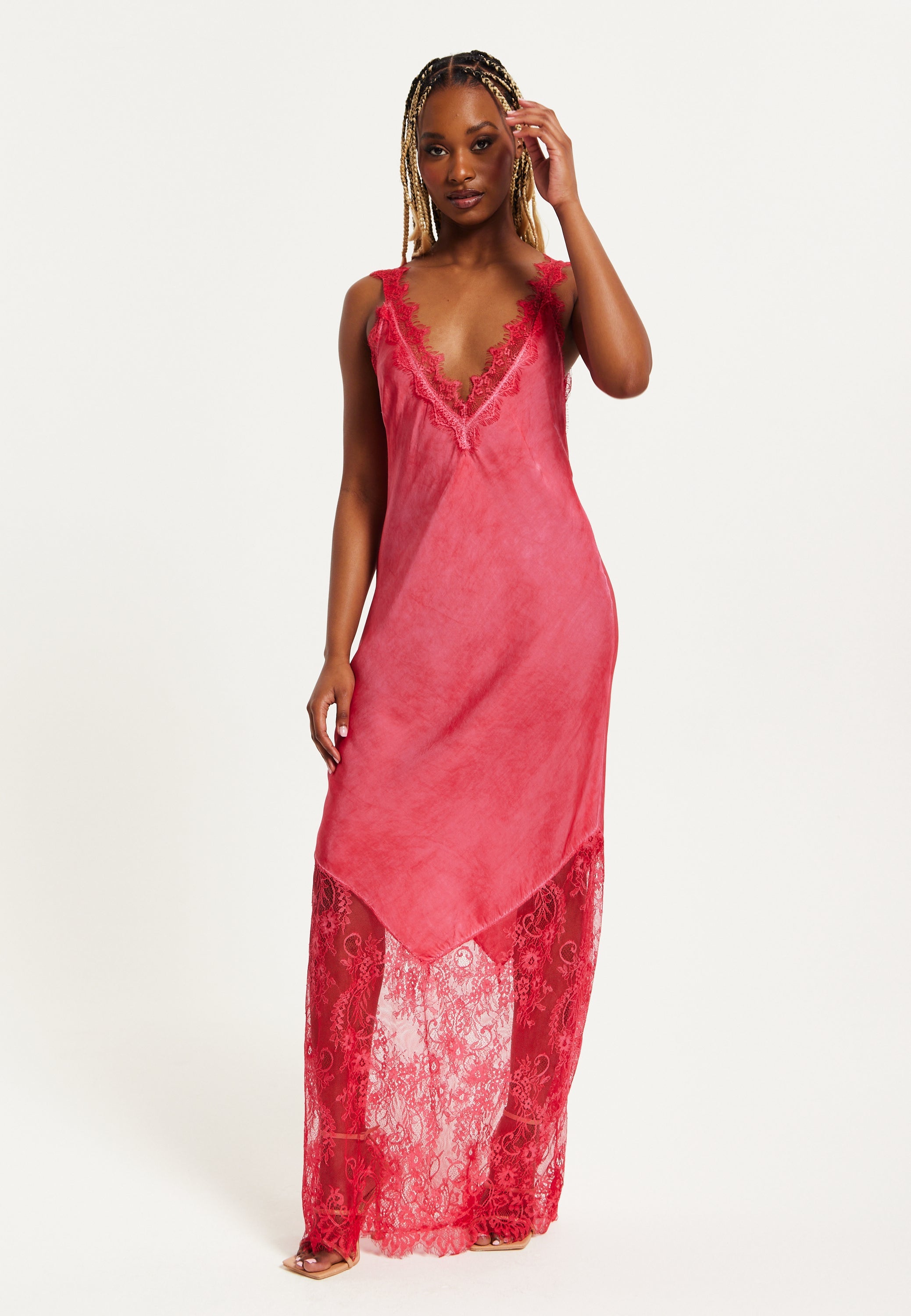 Women's Maxi Dress with Lace Detail and Deep V-Neck in Red, Regular to Loose Fit, Short Sleeves - Liquorish