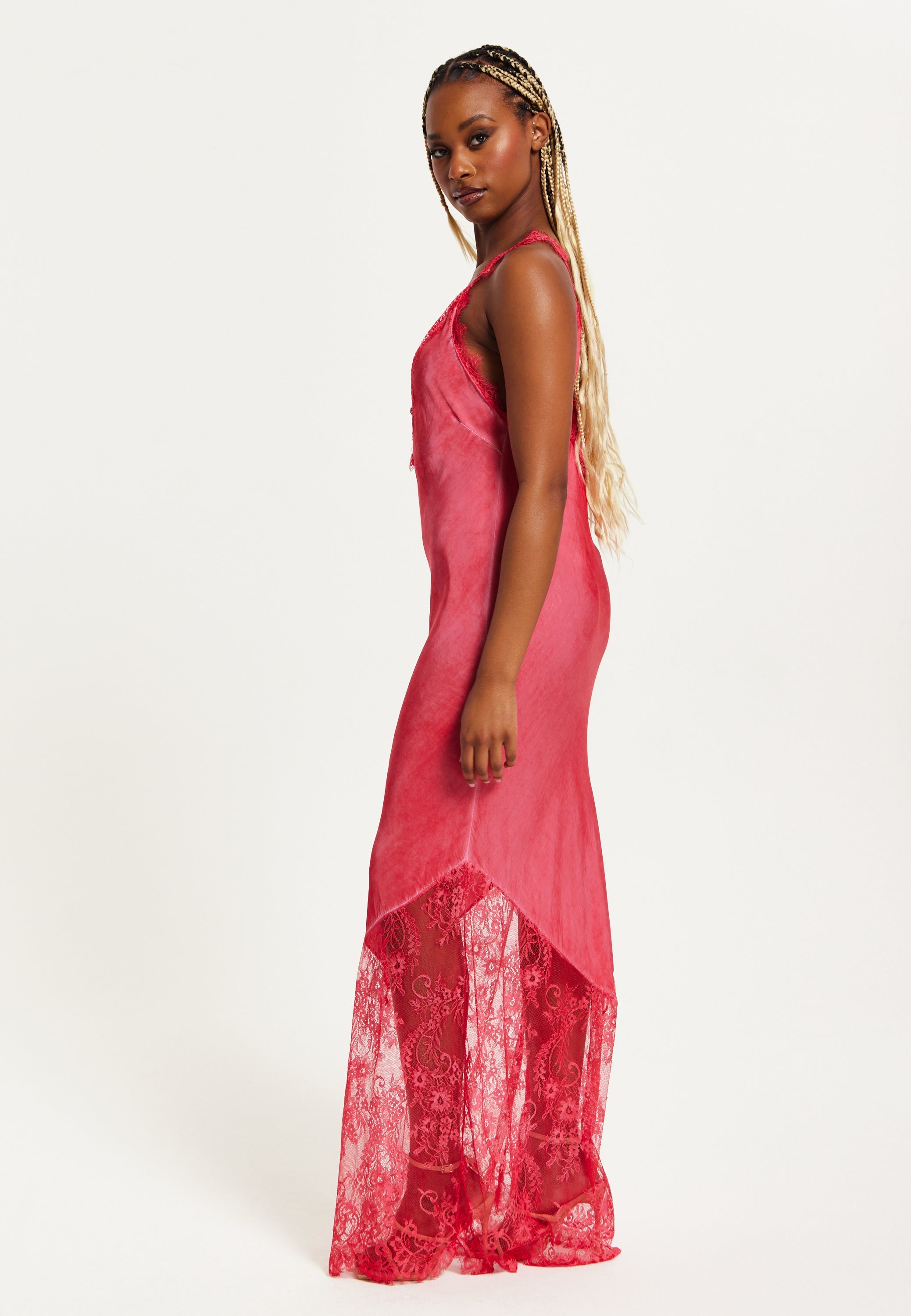 Women's Maxi Dress with Lace Detail and Deep V-Neck in Red, Regular to Loose Fit, Short Sleeves - Liquorish