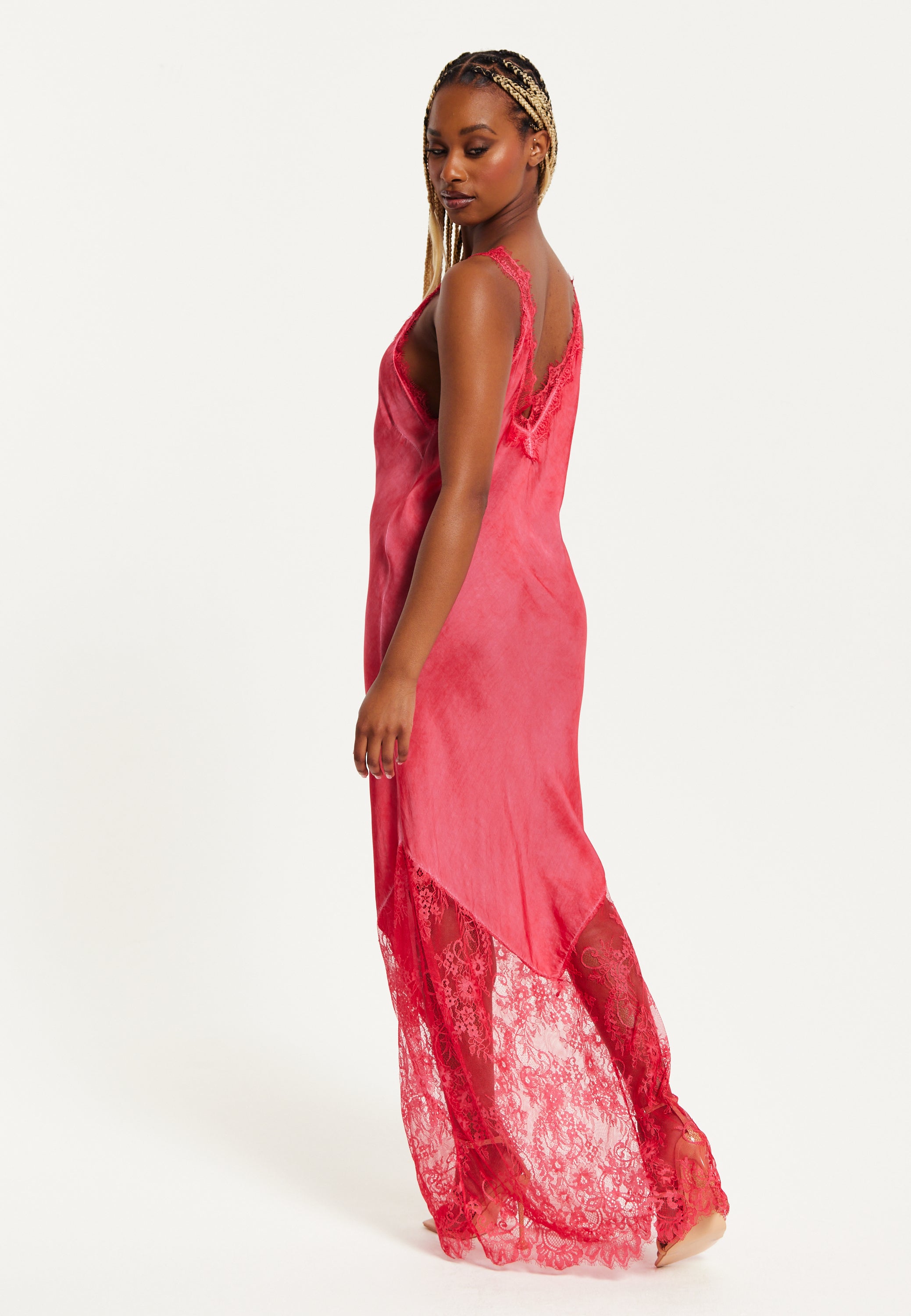 Women's Maxi Dress with Lace Detail and Deep V-Neck in Red, Regular to Loose Fit, Short Sleeves - Liquorish