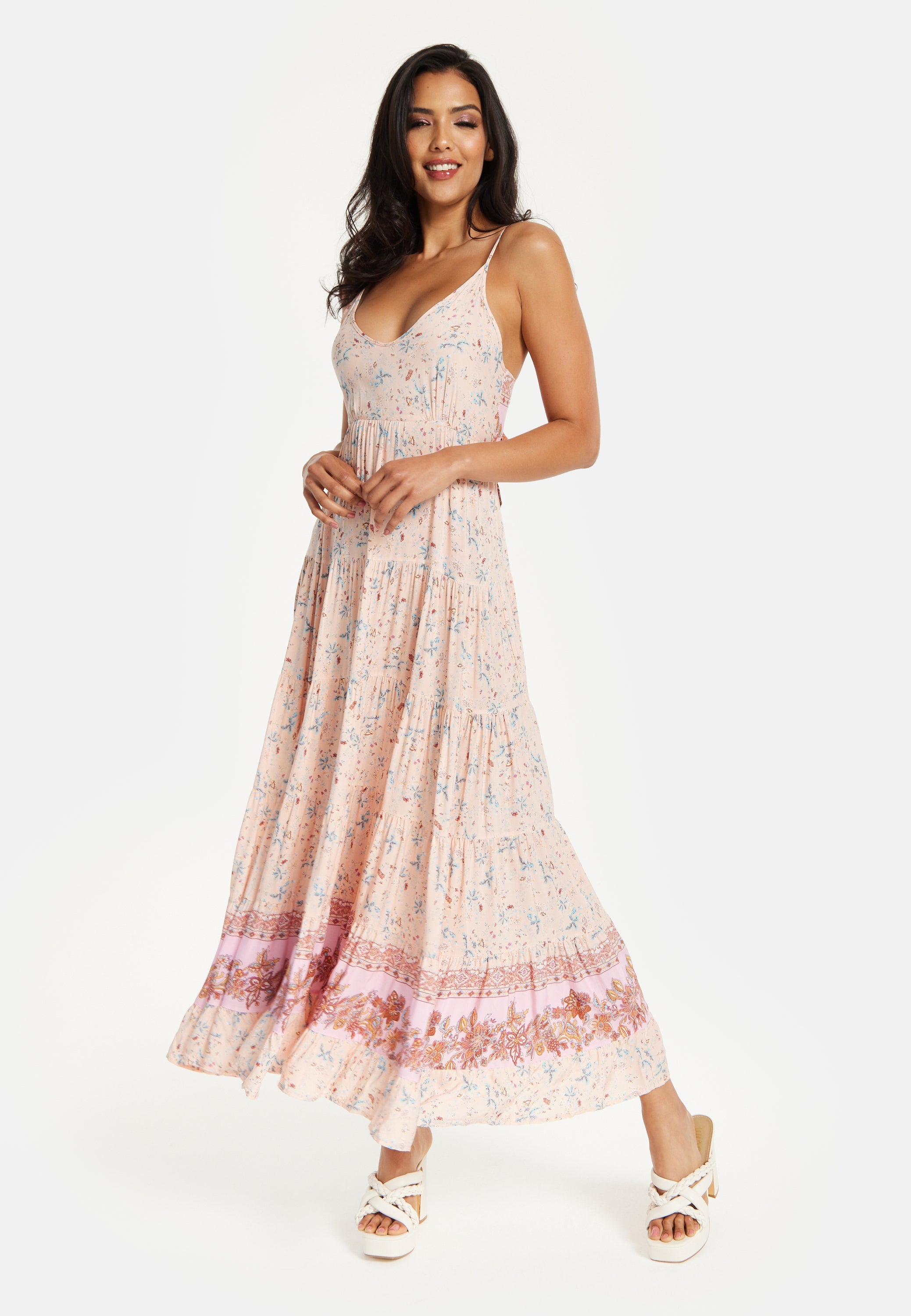 Women's Maxi Dress in Nude Floral Print with Sleeveless Design and Tie Back Detail - Liquorish