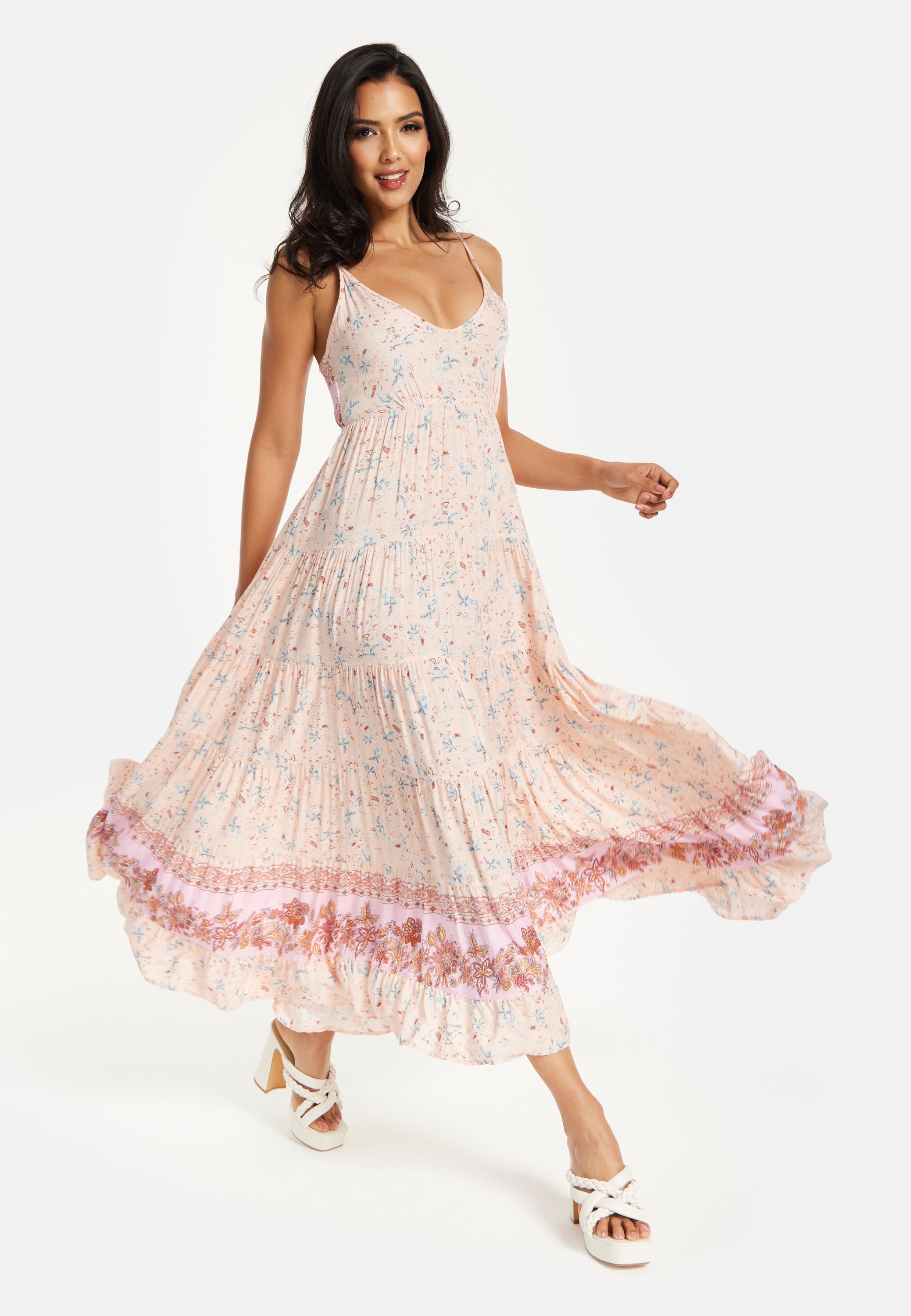 Women's Maxi Dress in Nude Floral Print with Sleeveless Design and Tie Back Detail - Liquorish