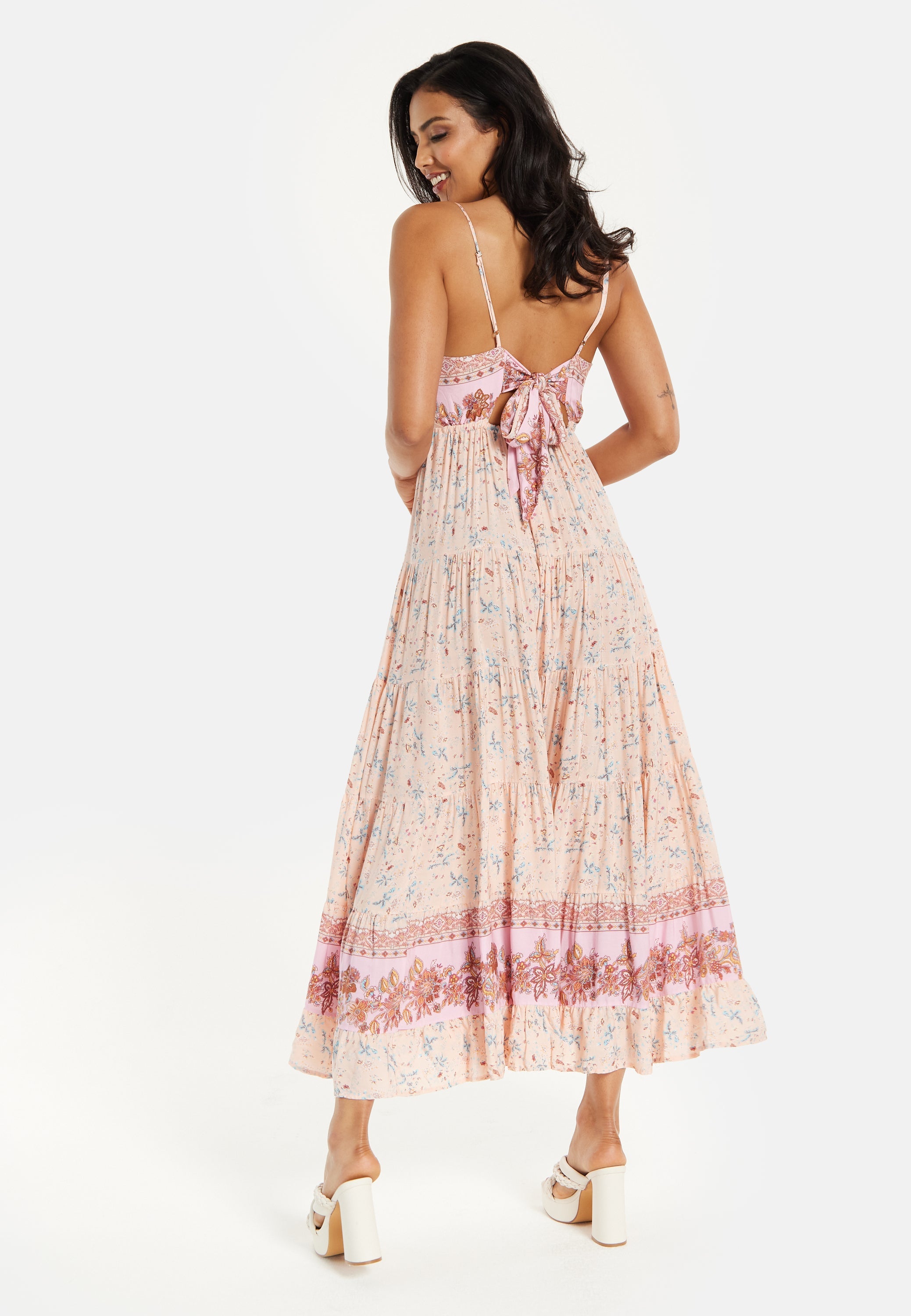 Women's Maxi Dress in Nude Floral Print with Sleeveless Design and Tie Back Detail - Liquorish