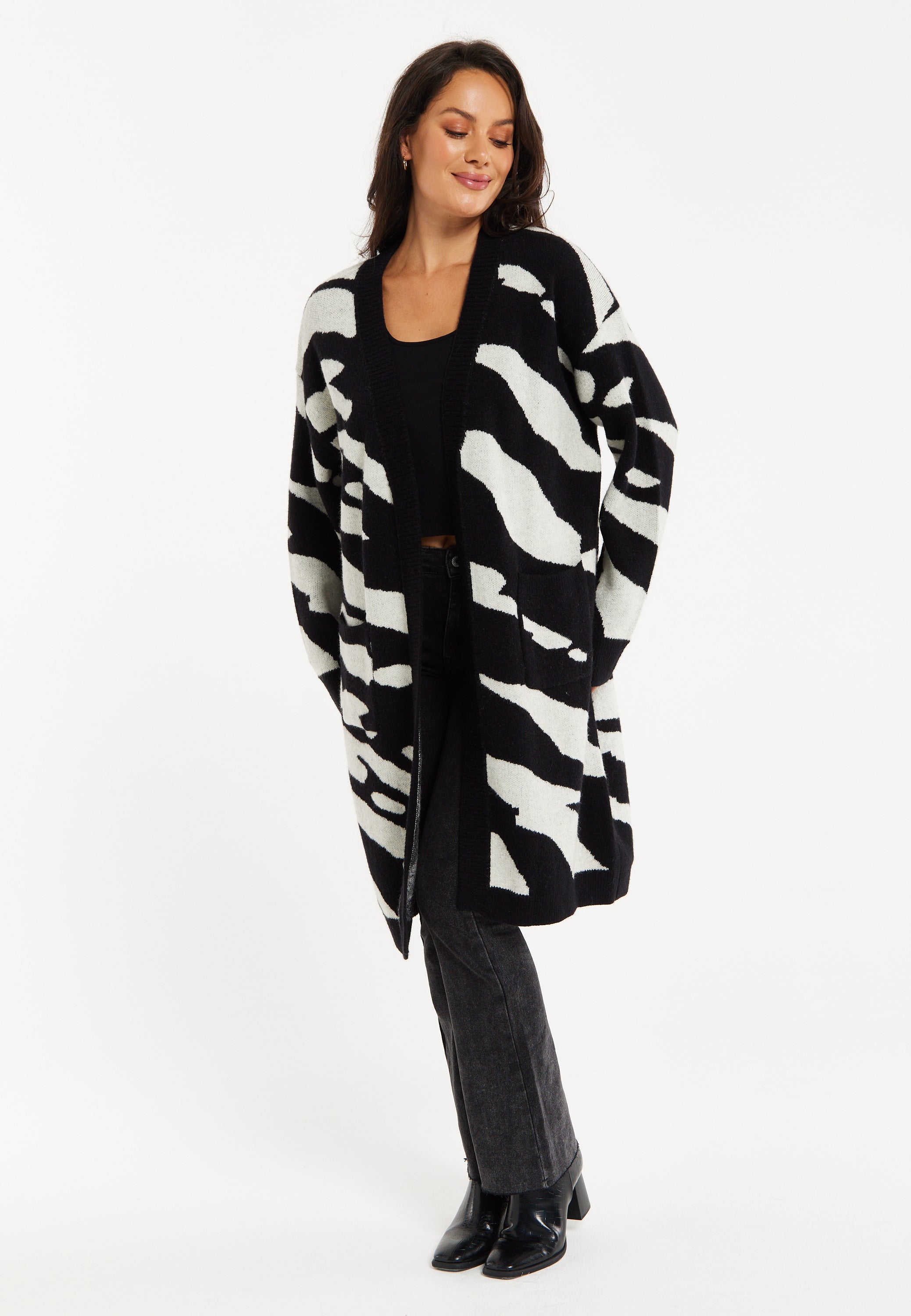 Women's Long Open Cardigan in Multi-Coloured Zebra Print with Oversized Fit by Liquorish