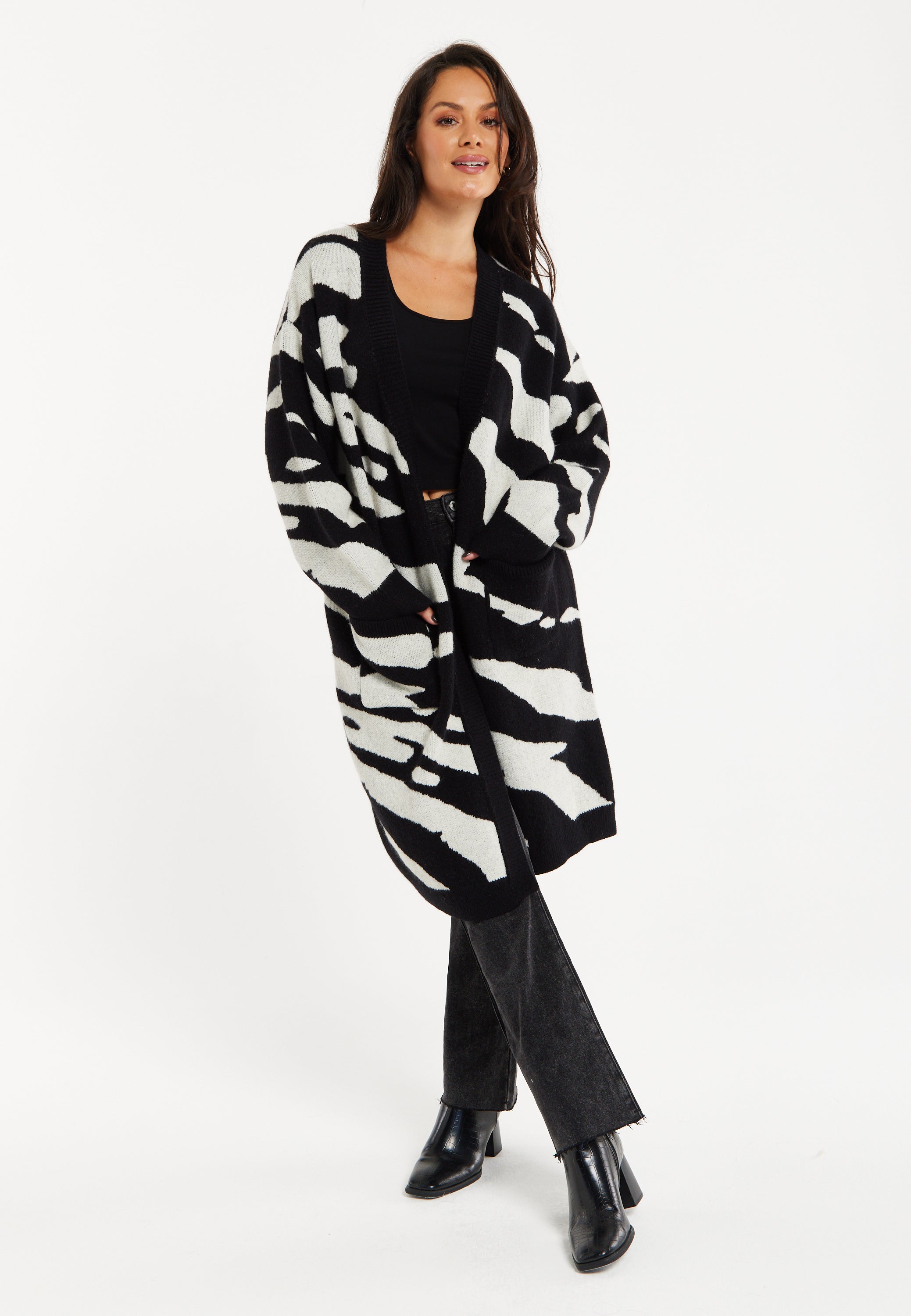 Women's Long Open Cardigan in Multi-Coloured Zebra Print with Oversized Fit by Liquorish