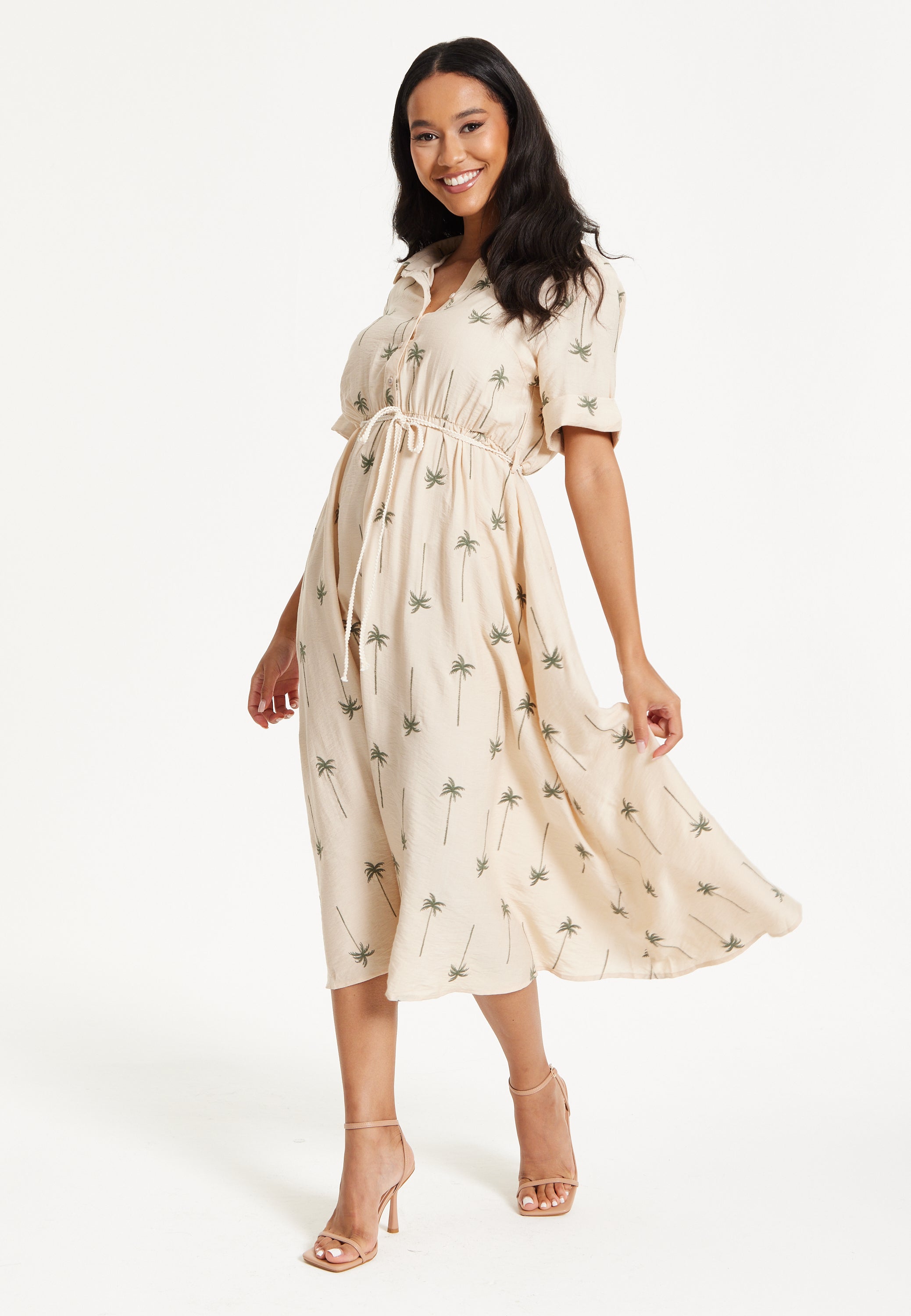 Beige Palm Print Shirt Midi Dress