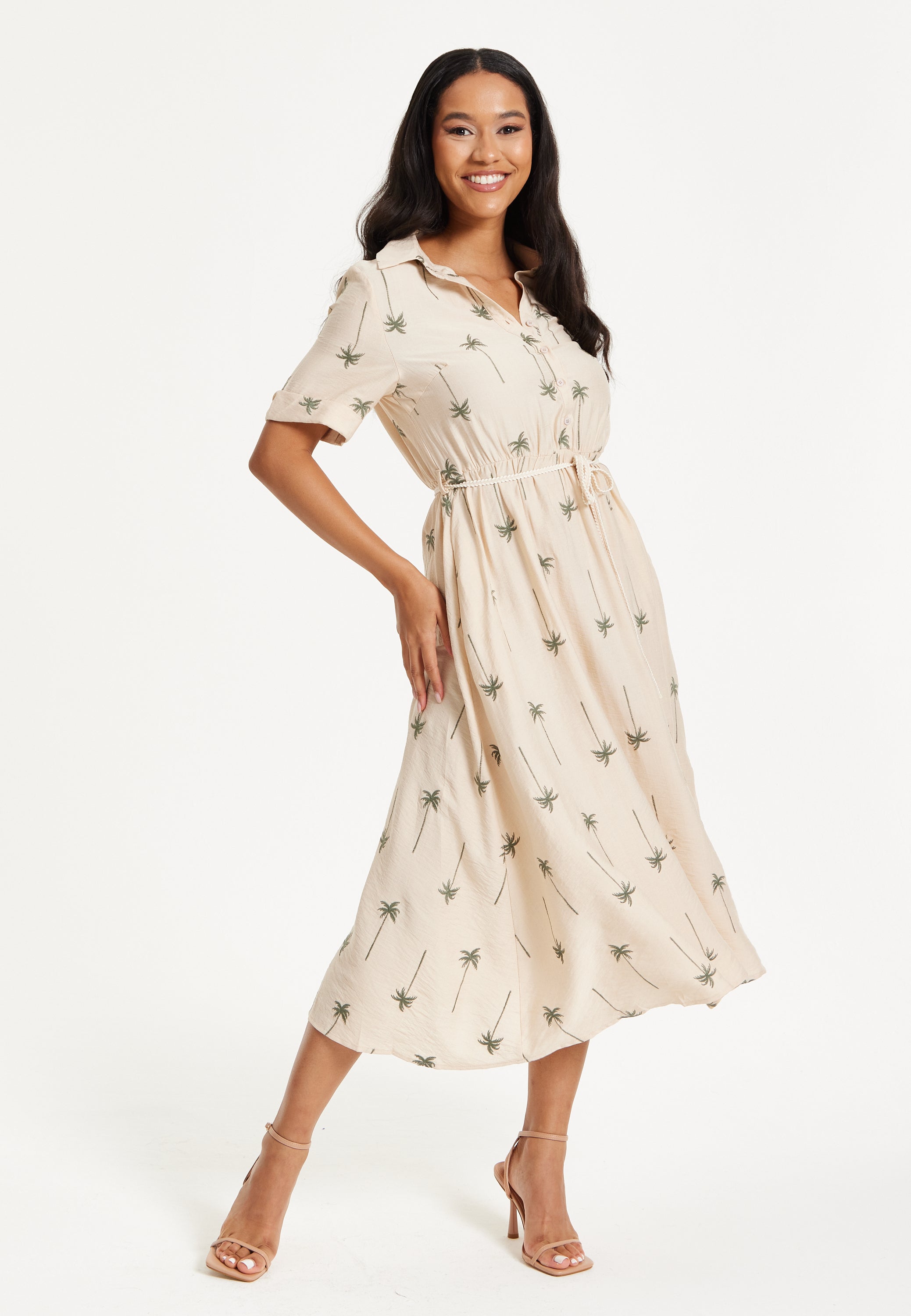 Beige Palm Print Shirt Midi Dress