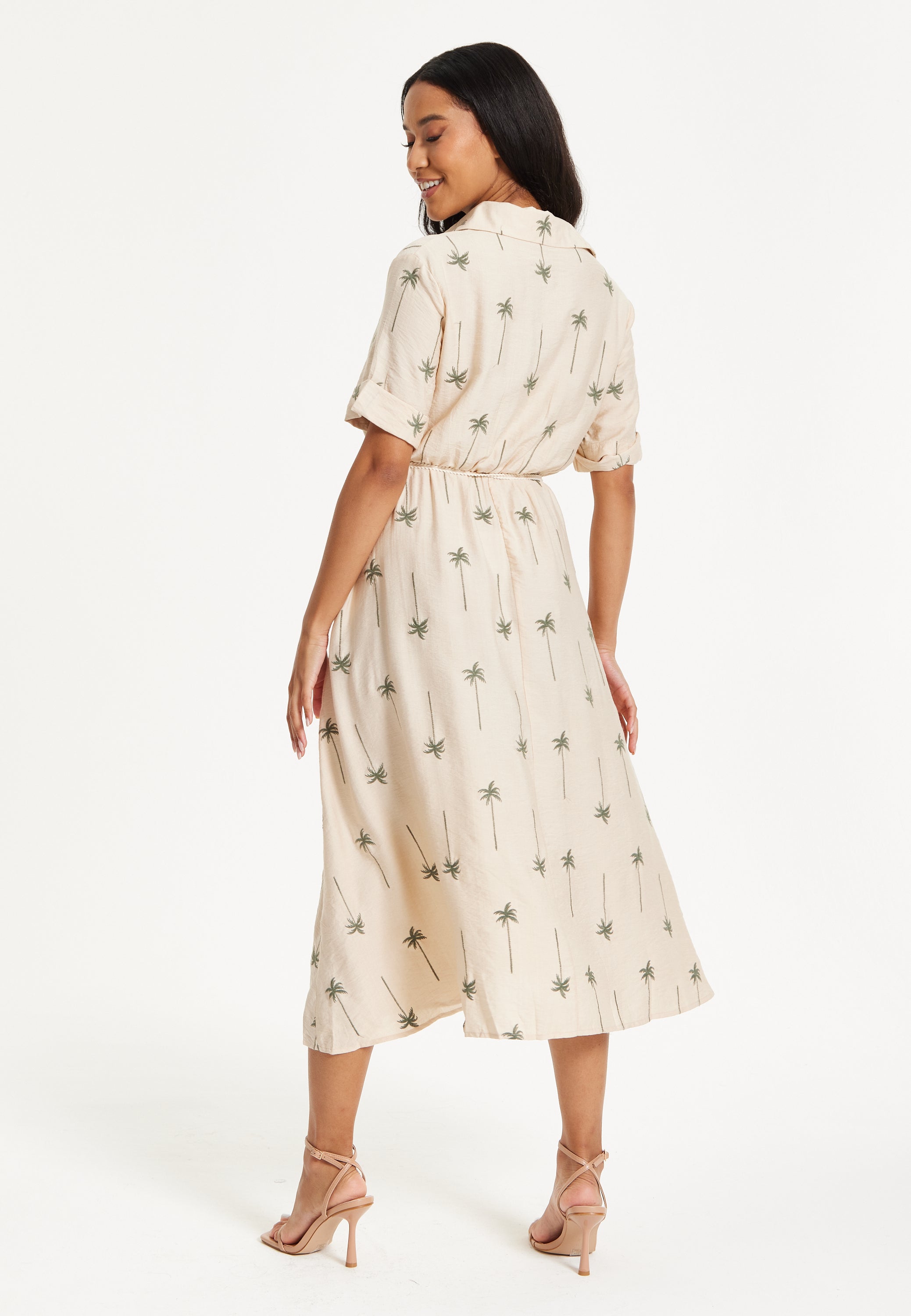 Beige Palm Print Shirt Midi Dress