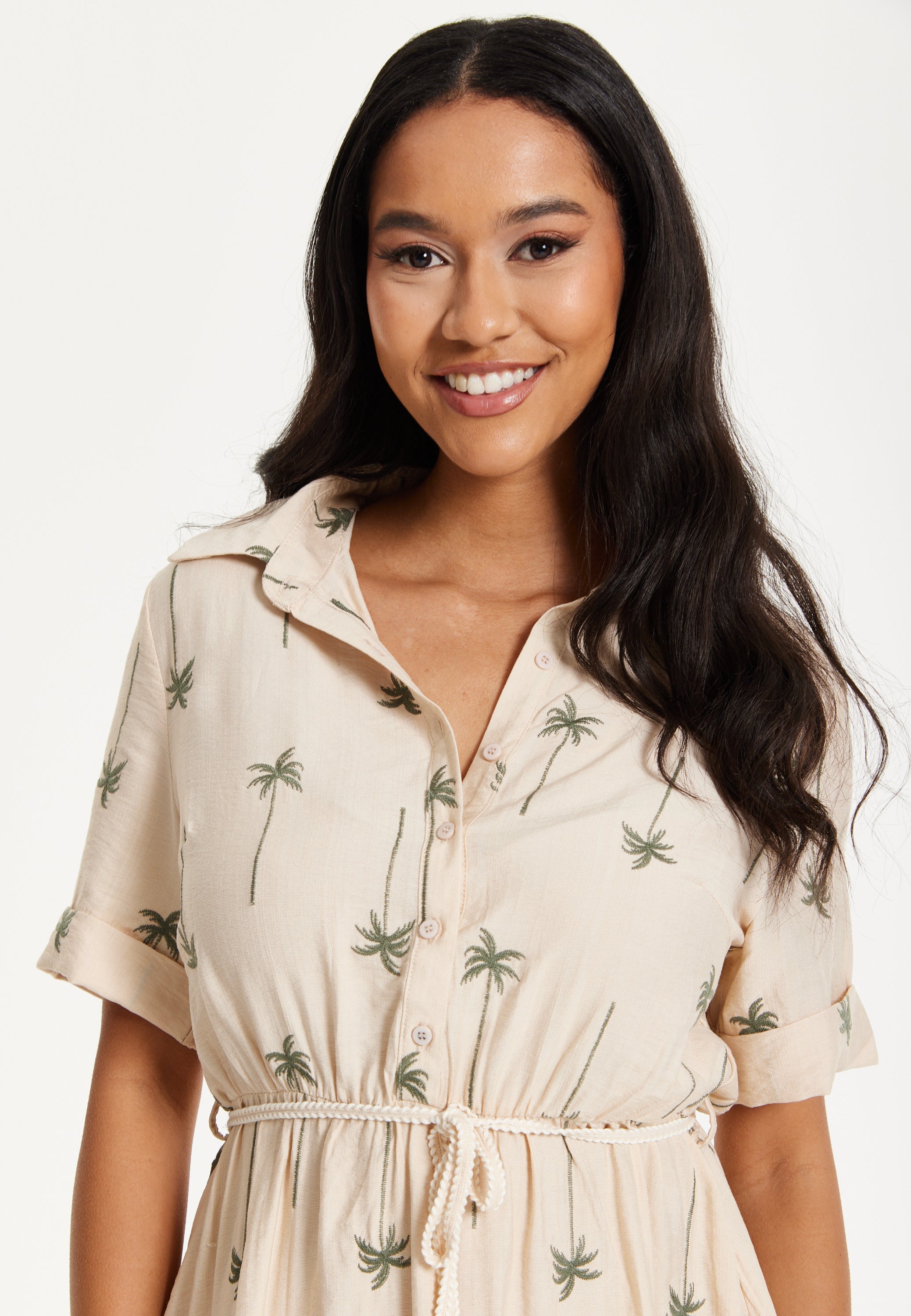 Beige Palm Print Shirt Midi Dress