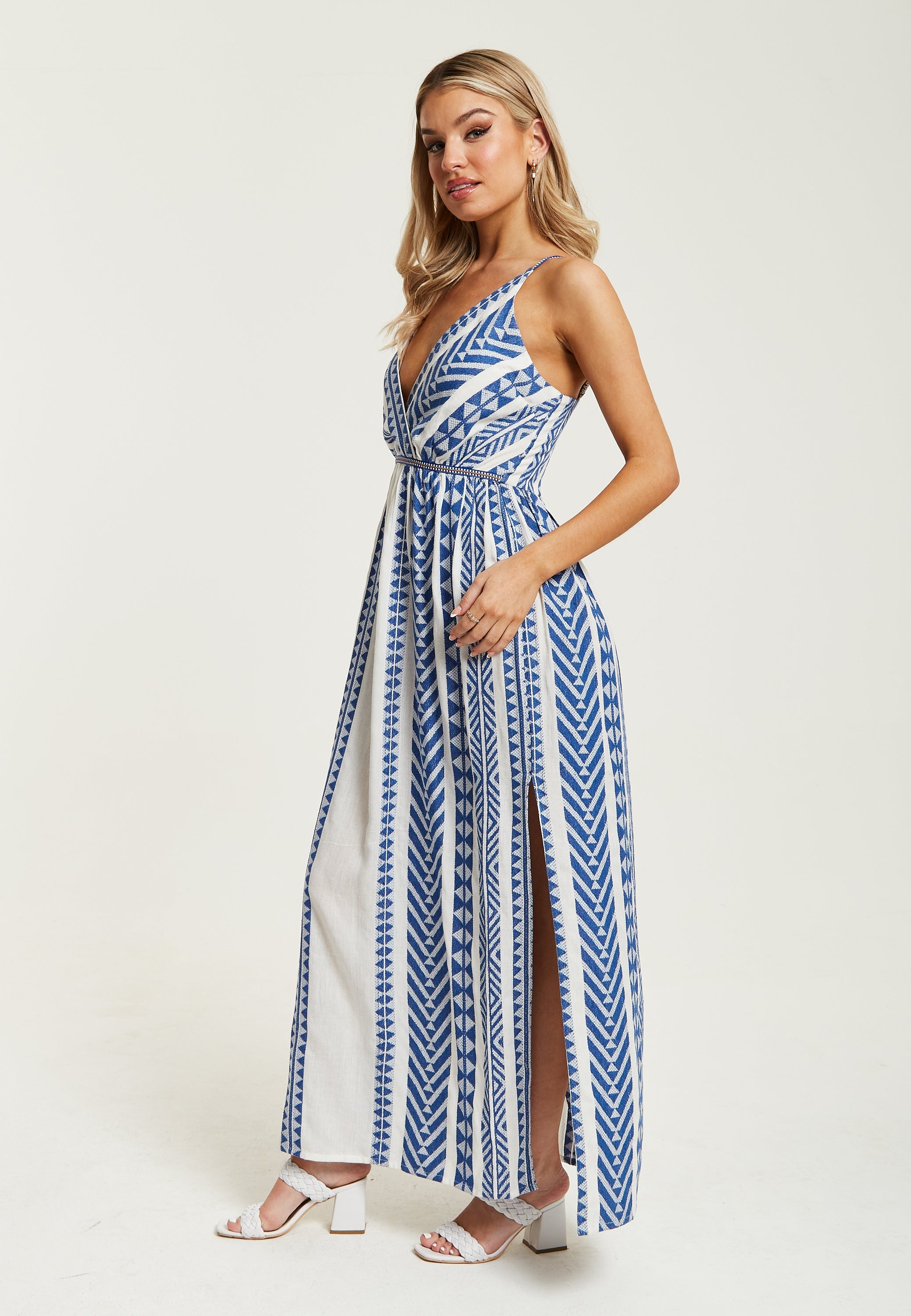 Women’s Maxi Dress in White and Blue with Sleeveless Design - Liquorish