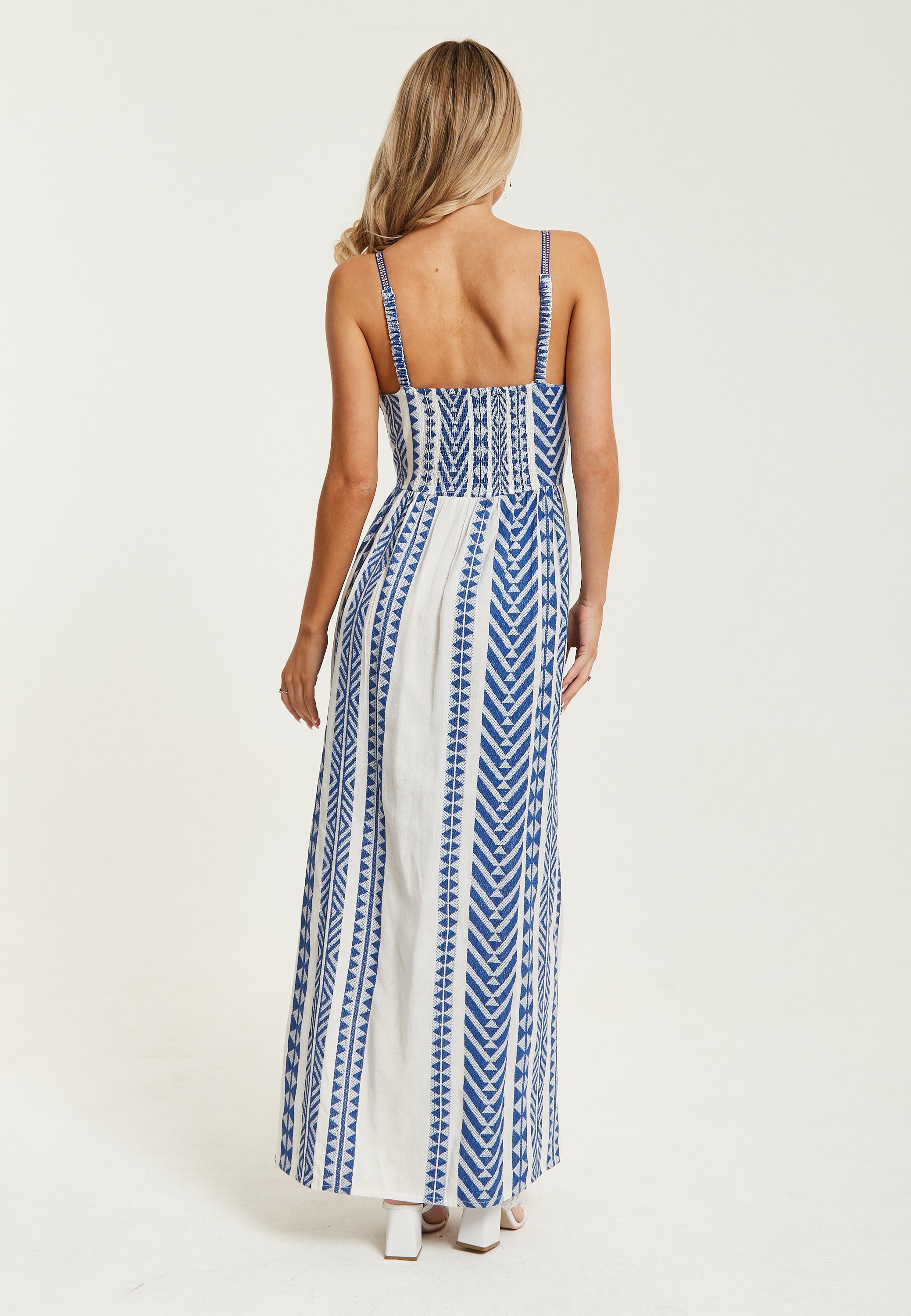 Women’s Maxi Dress in White and Blue with Sleeveless Design - Liquorish
