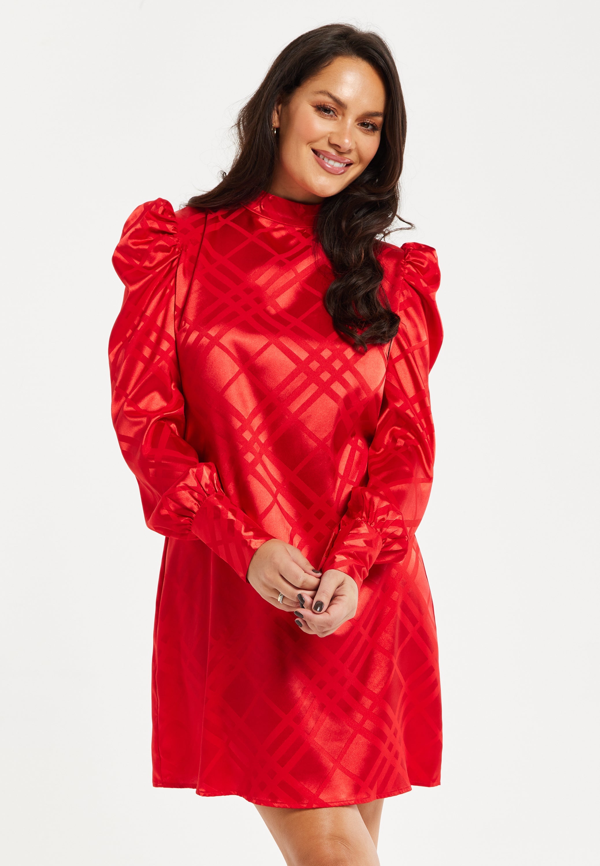 Women's Mini Dress in Red with High Neck, Puff Sleeves, and Check Jacquard Design - Liquorish