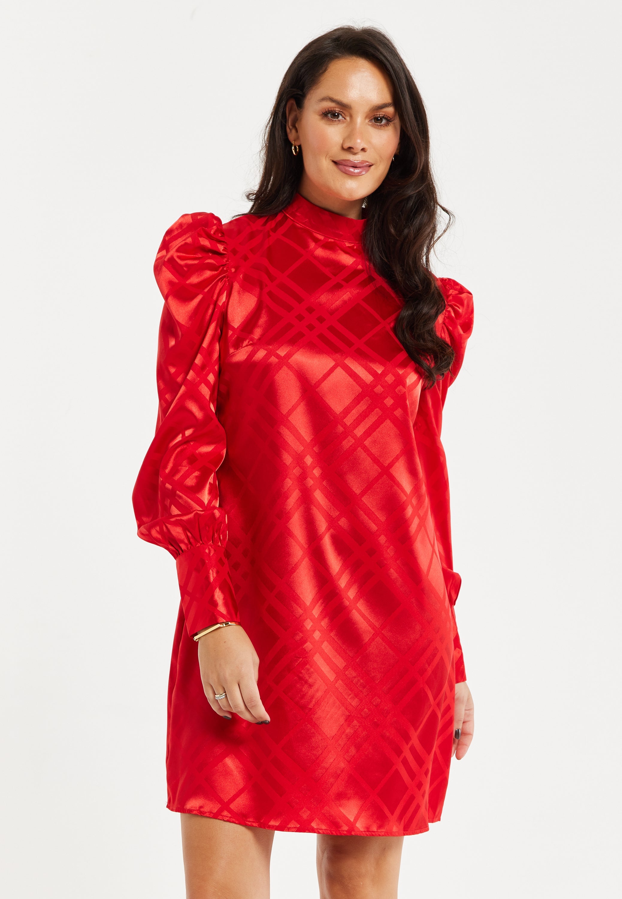 Women's Mini Dress in Red with High Neck, Puff Sleeves, and Check Jacquard Design - Liquorish