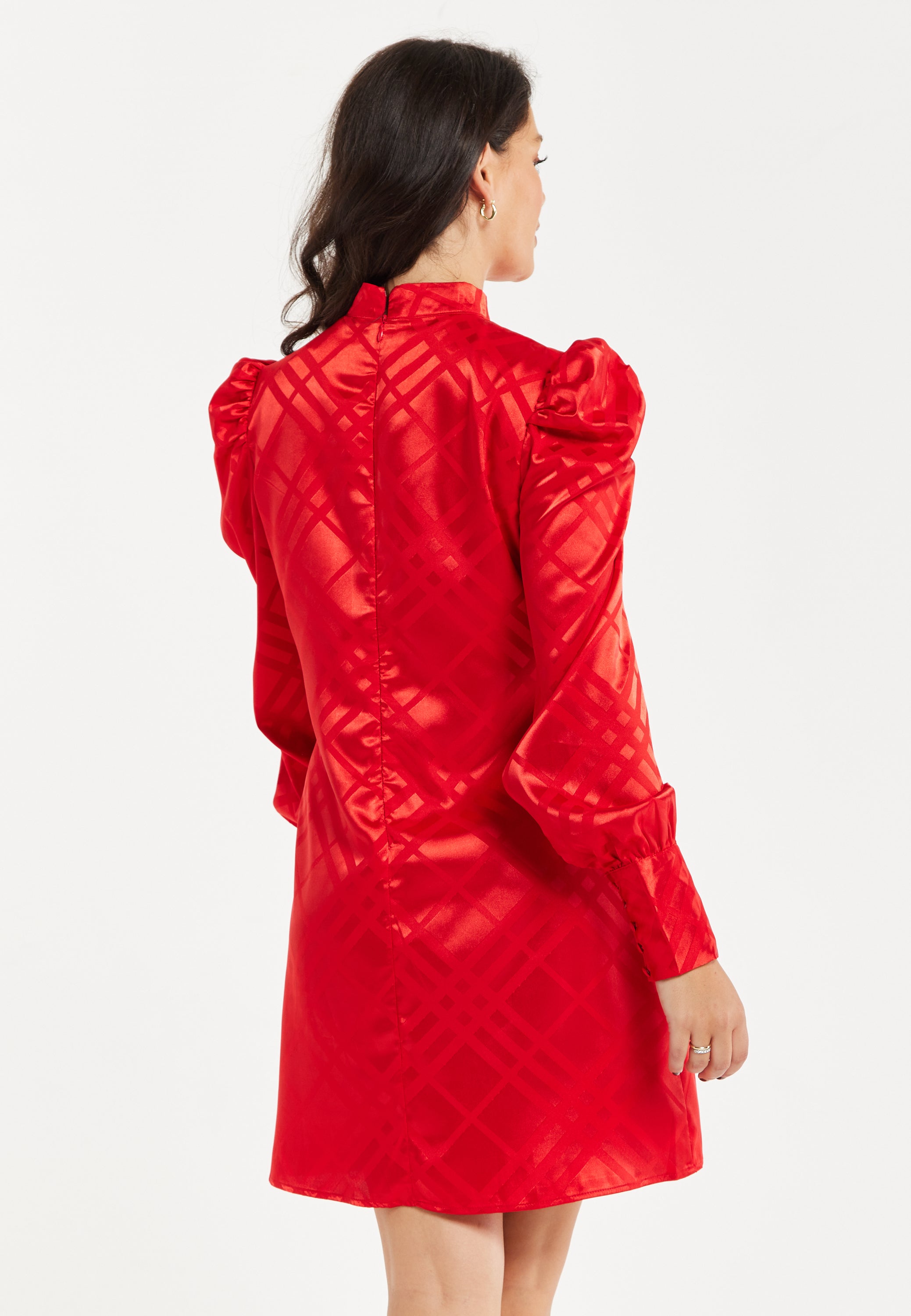 Women's Mini Dress in Red with High Neck, Puff Sleeves, and Check Jacquard Design - Liquorish
