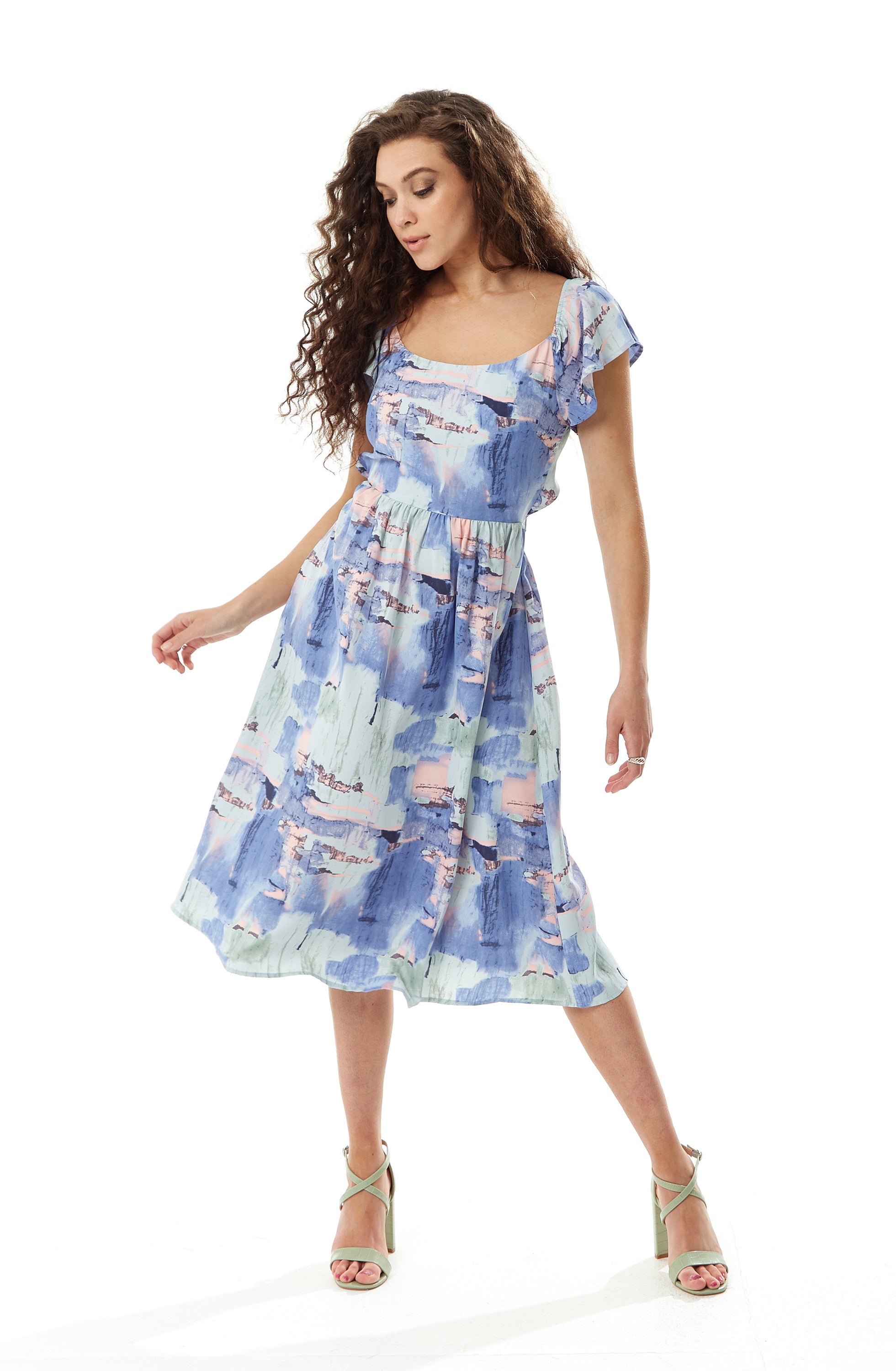 Women's Midi Dress with Frill Sleeves in Pastel Tones - Cut Out Back Style by Liquorish