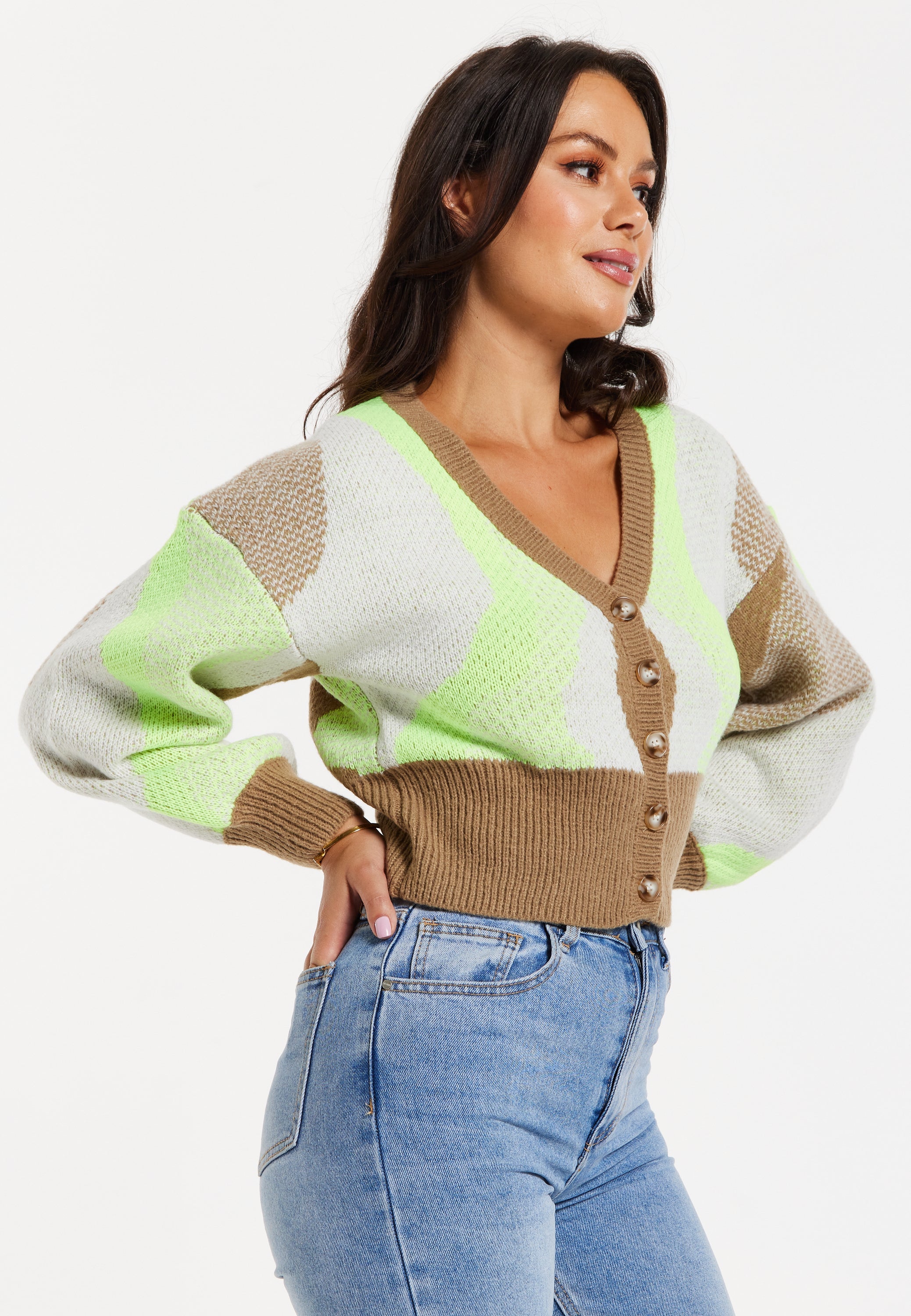 Women's Cardigan - Crop Fit Long Sleeve Button Up in Brown, Green & Cream - Liquorish