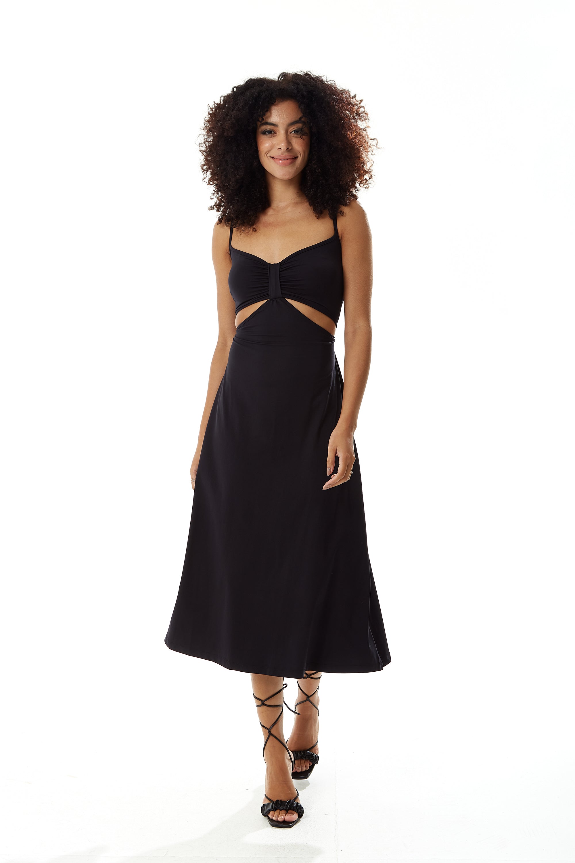 Women's Midi Dress, Elegant Black Cami Dress with Alluring Cut-Out Details