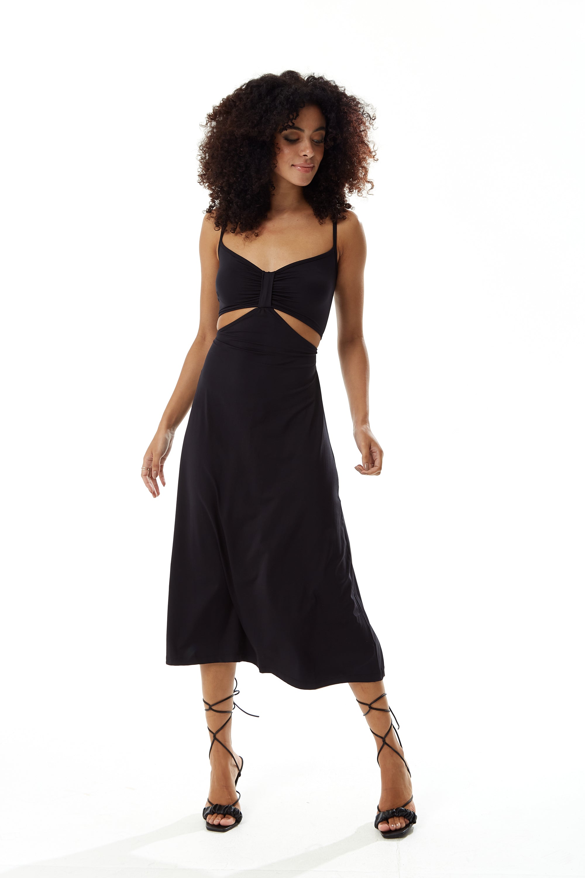Women's Midi Dress, Elegant Black Cami Dress with Alluring Cut-Out Details