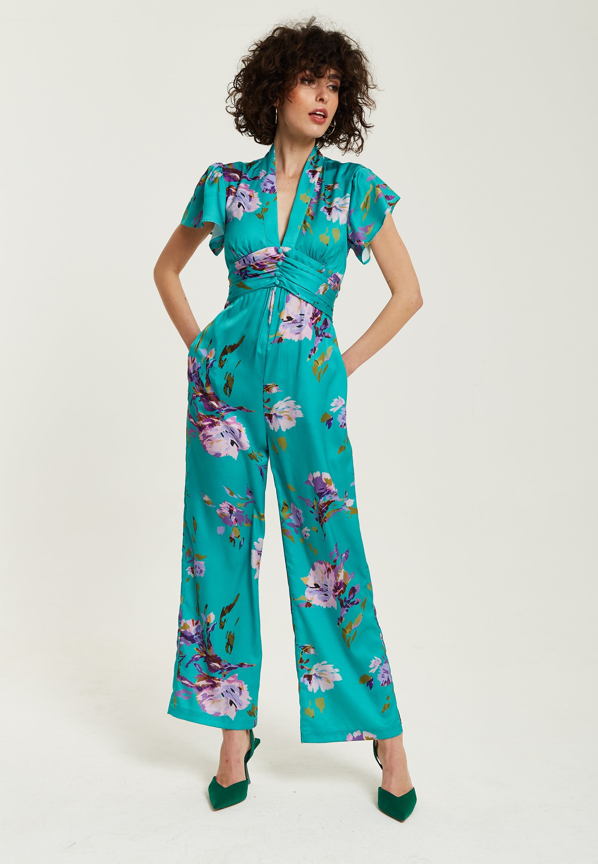 Women's Jumpsuit in Green Floral Print with Short Sleeves and V Neck - Regular Fit by Liquorish