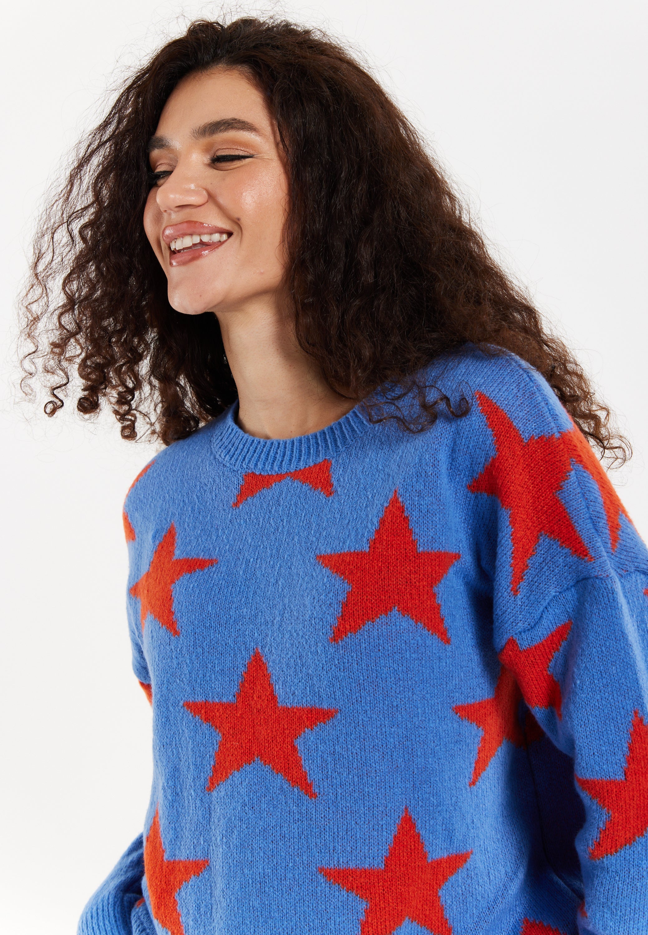 Women's Jumper in Blue with Full-Length Sleeves and Unique Red Star Pattern