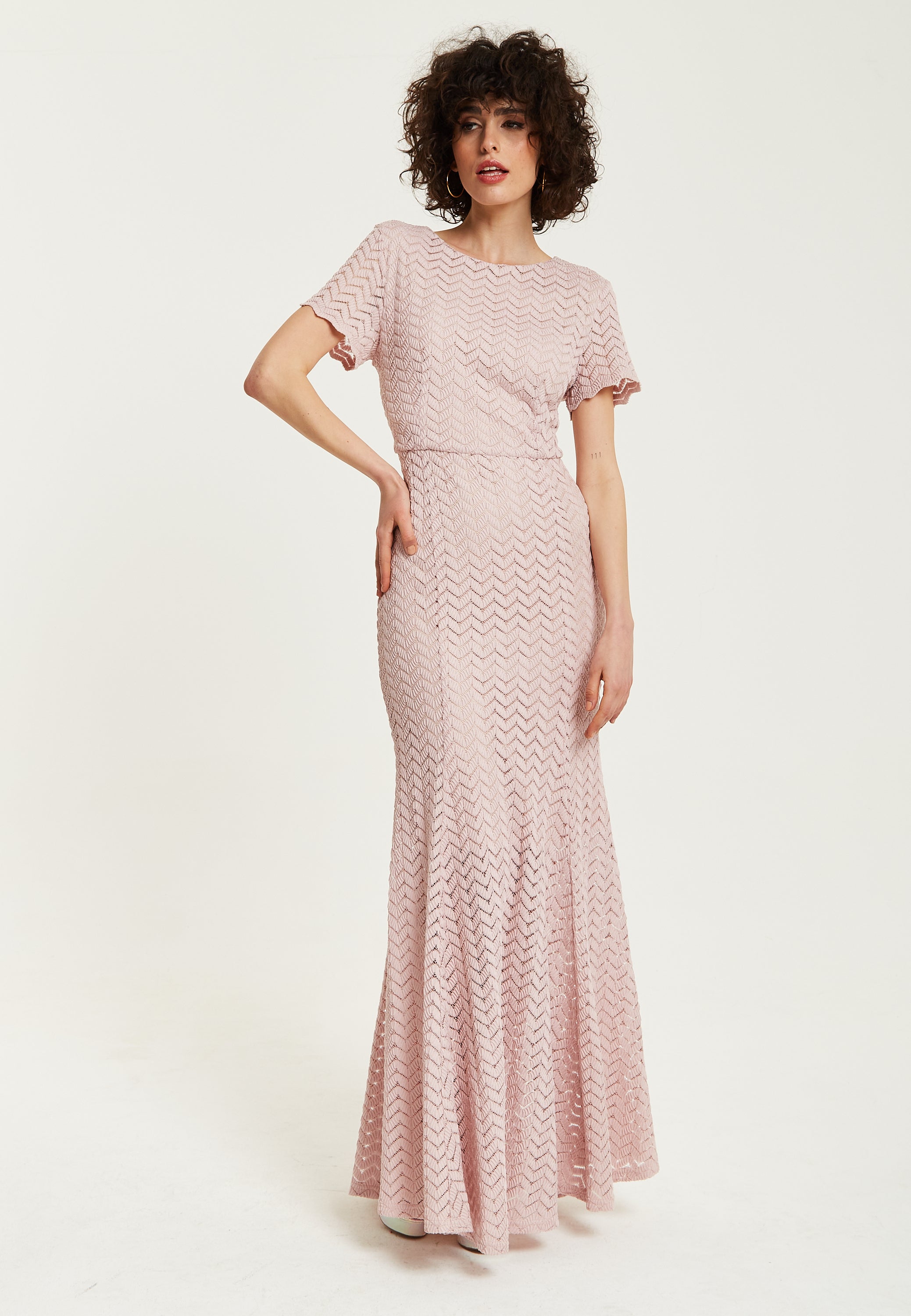 Women’s Maxi Dress in Light Pink with Lace, Short Sleeves, Open Back Detail - Liquorish
