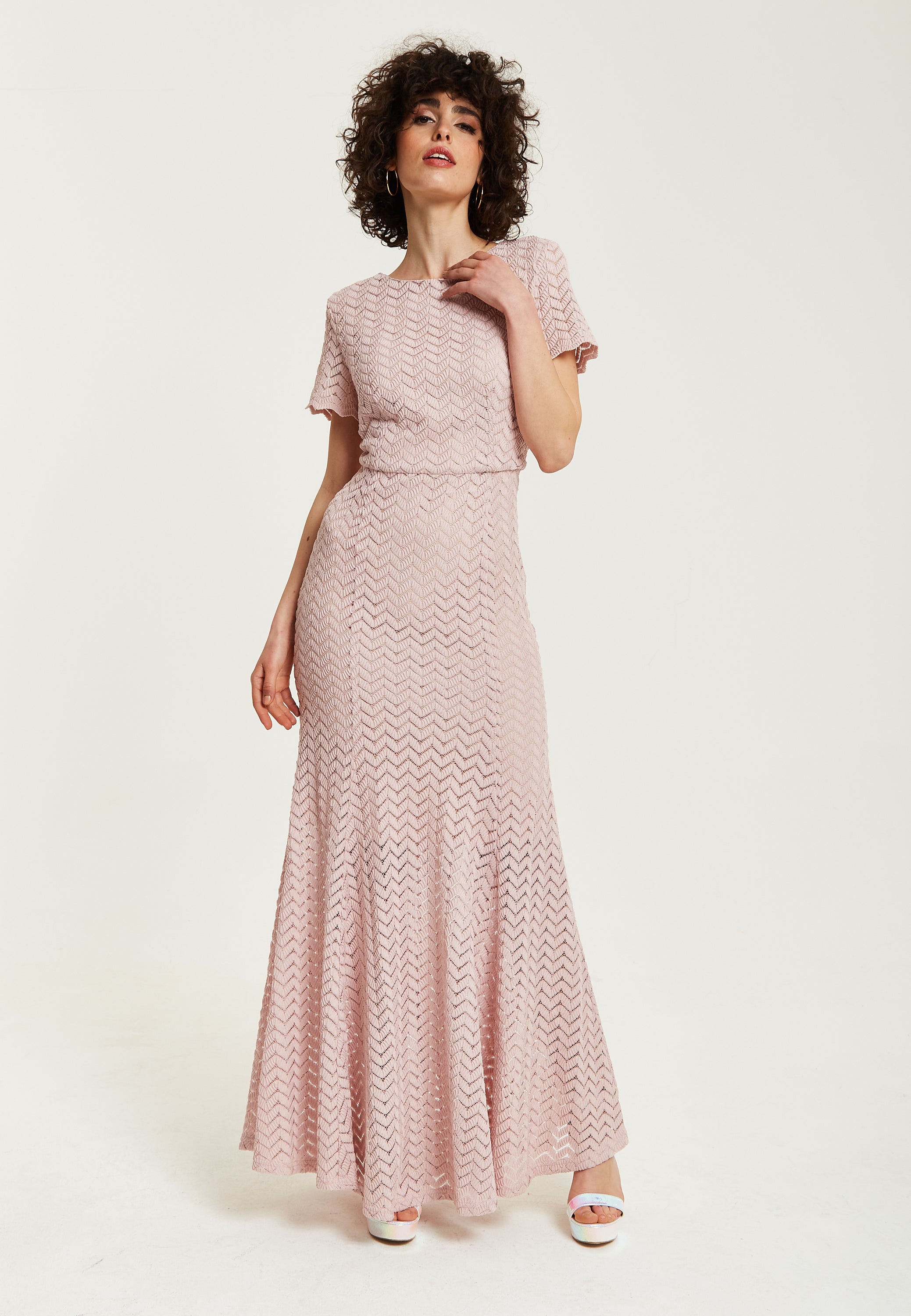 Women’s Maxi Dress in Light Pink with Lace, Short Sleeves, Open Back Detail - Liquorish