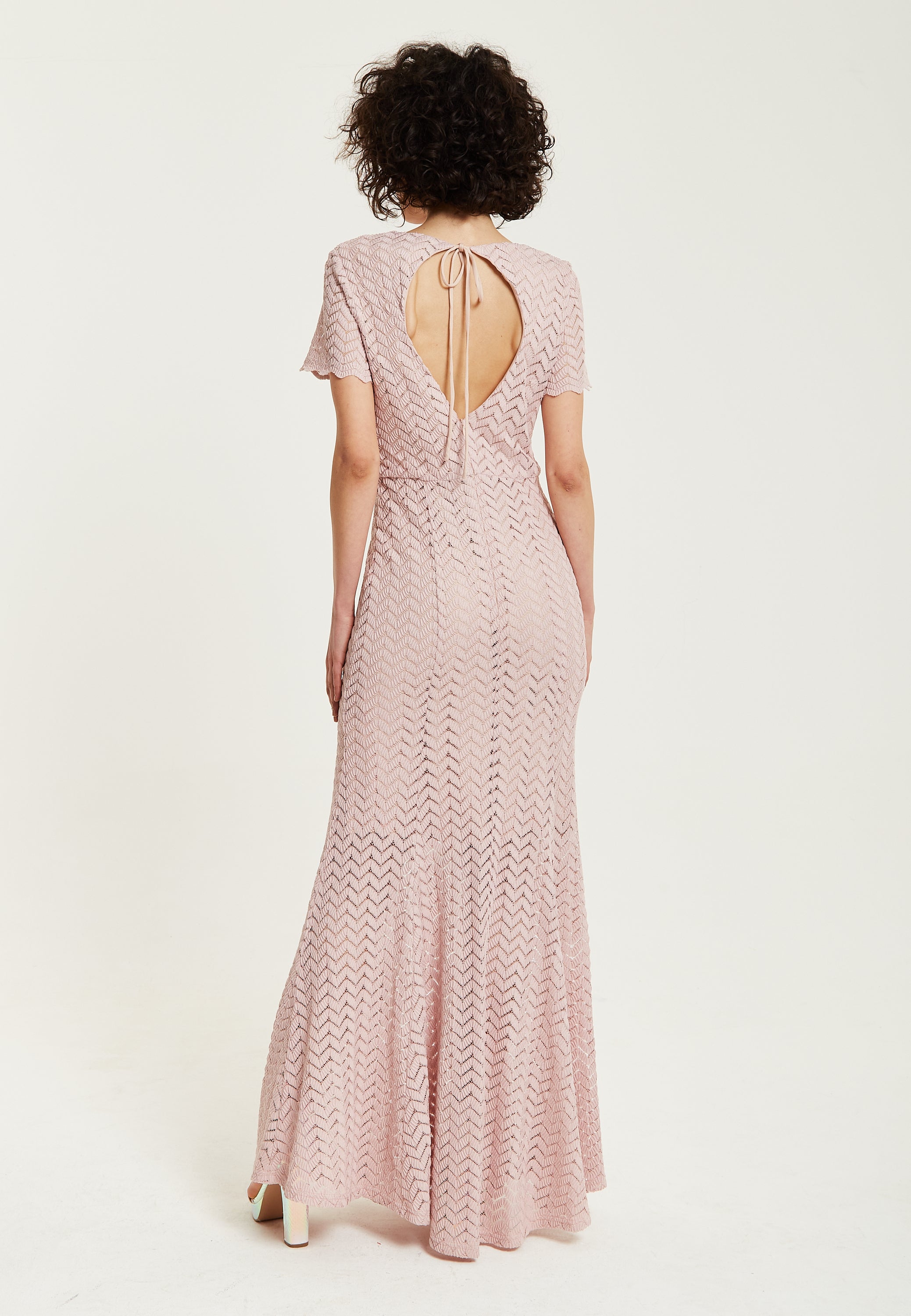 Women’s Maxi Dress in Light Pink with Lace, Short Sleeves, Open Back Detail - Liquorish