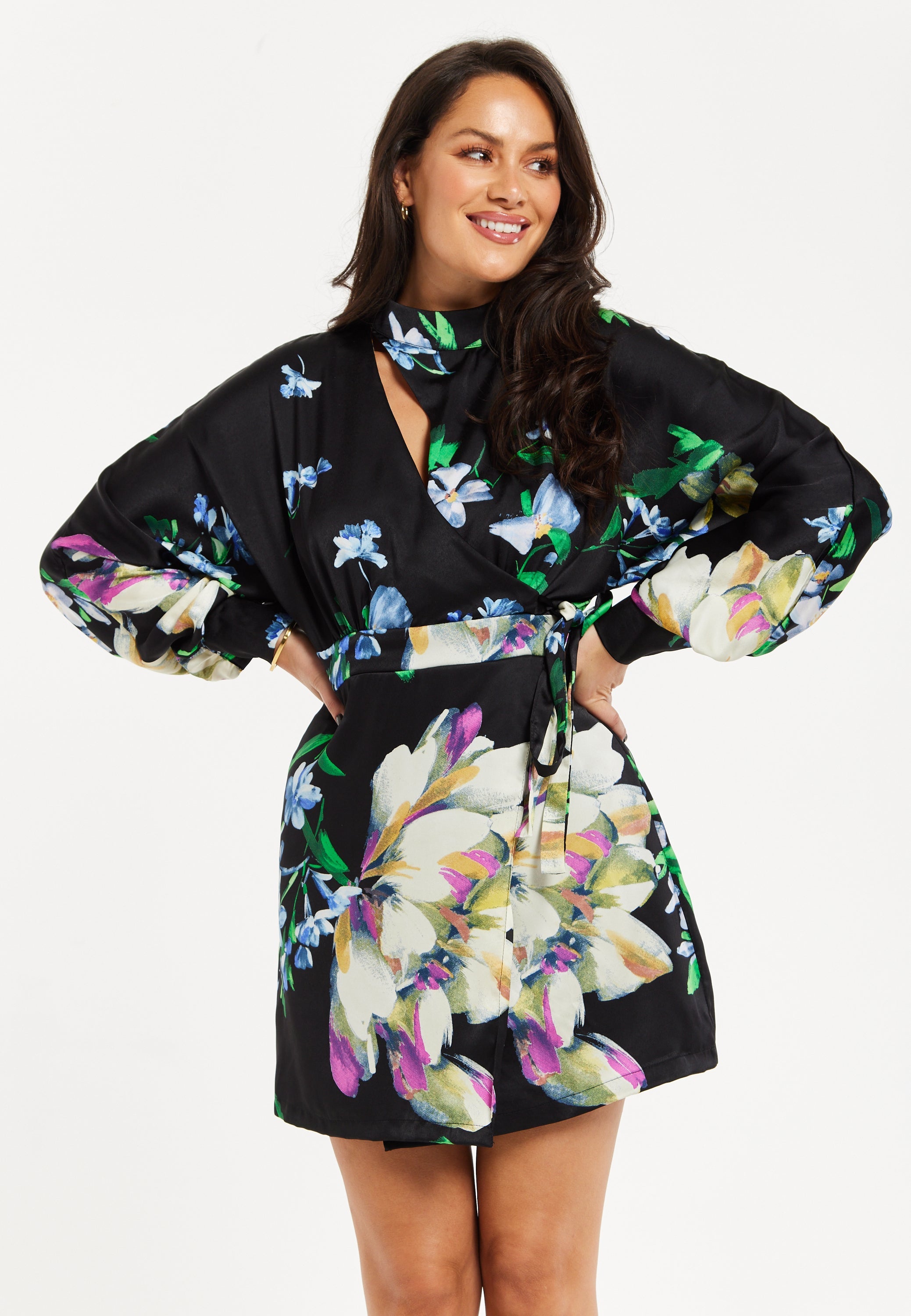 Women's Mini Dress with Long Balloon Sleeves in Floral Print and Cut Out Detail - Elegant Black and Multi-Colored Design by Liquorish