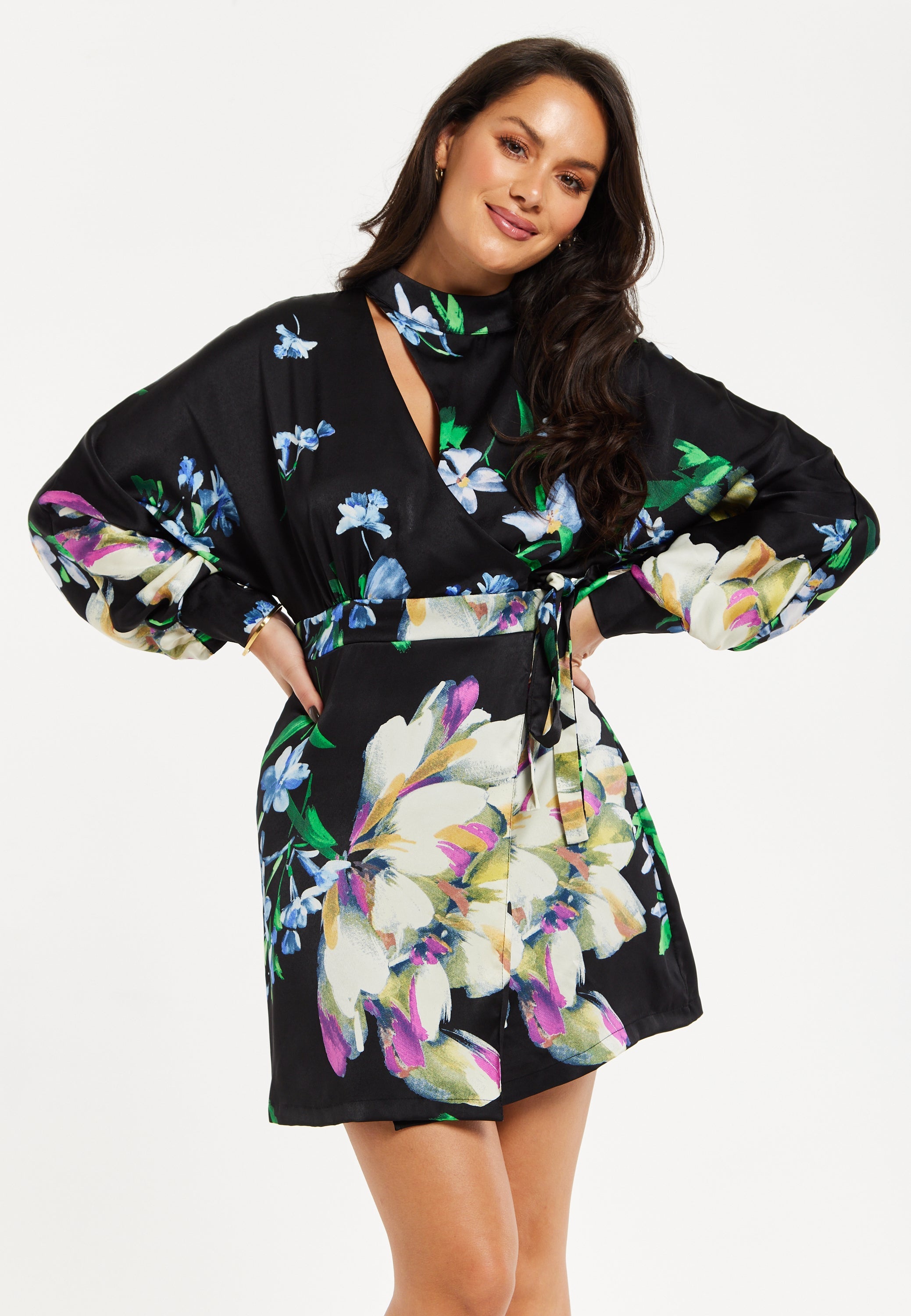Women's Mini Dress with Long Balloon Sleeves in Floral Print and Cut Out Detail - Elegant Black and Multi-Colored Design by Liquorish