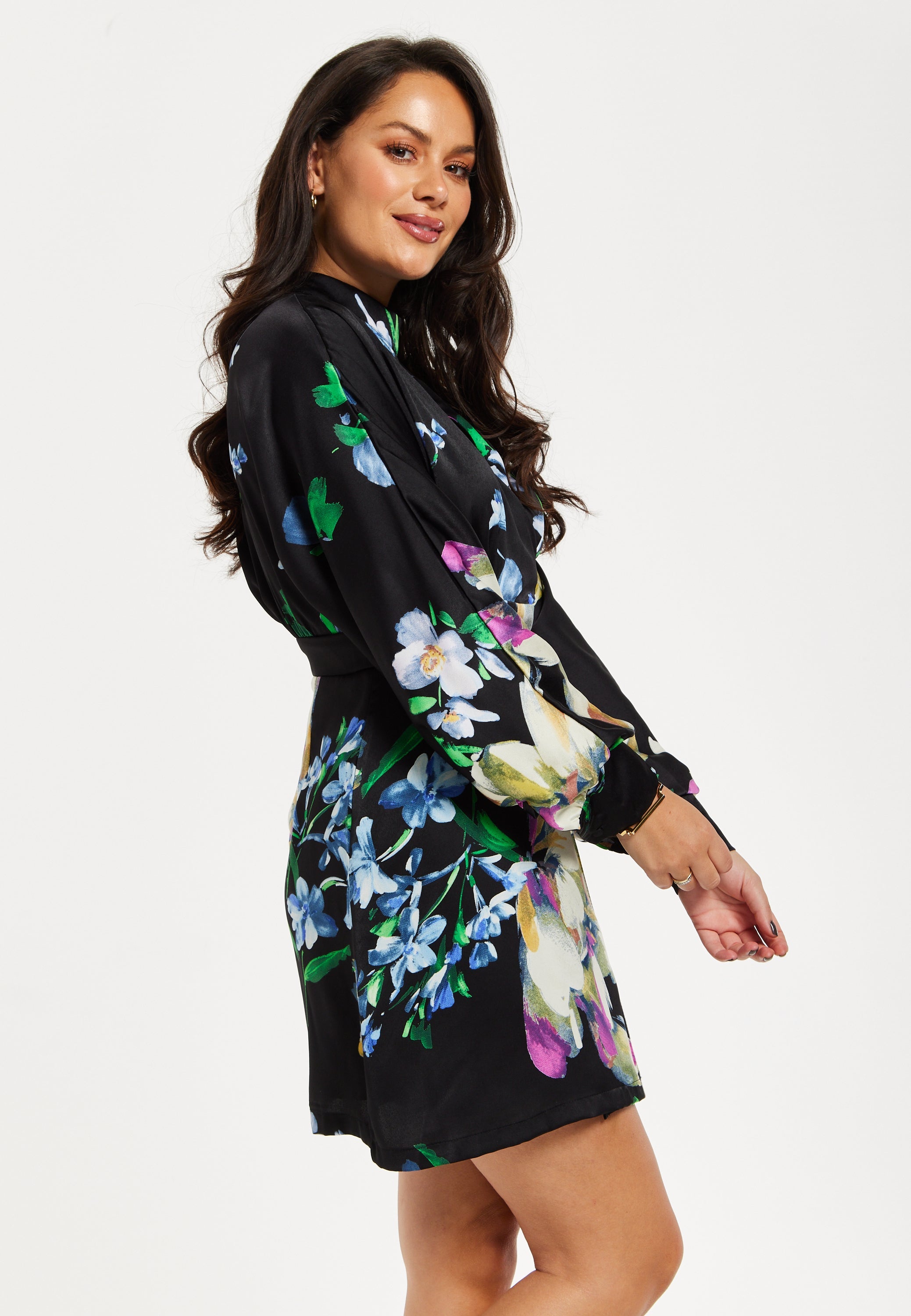 Women's Mini Dress with Long Balloon Sleeves in Floral Print and Cut Out Detail - Elegant Black and Multi-Colored Design by Liquorish