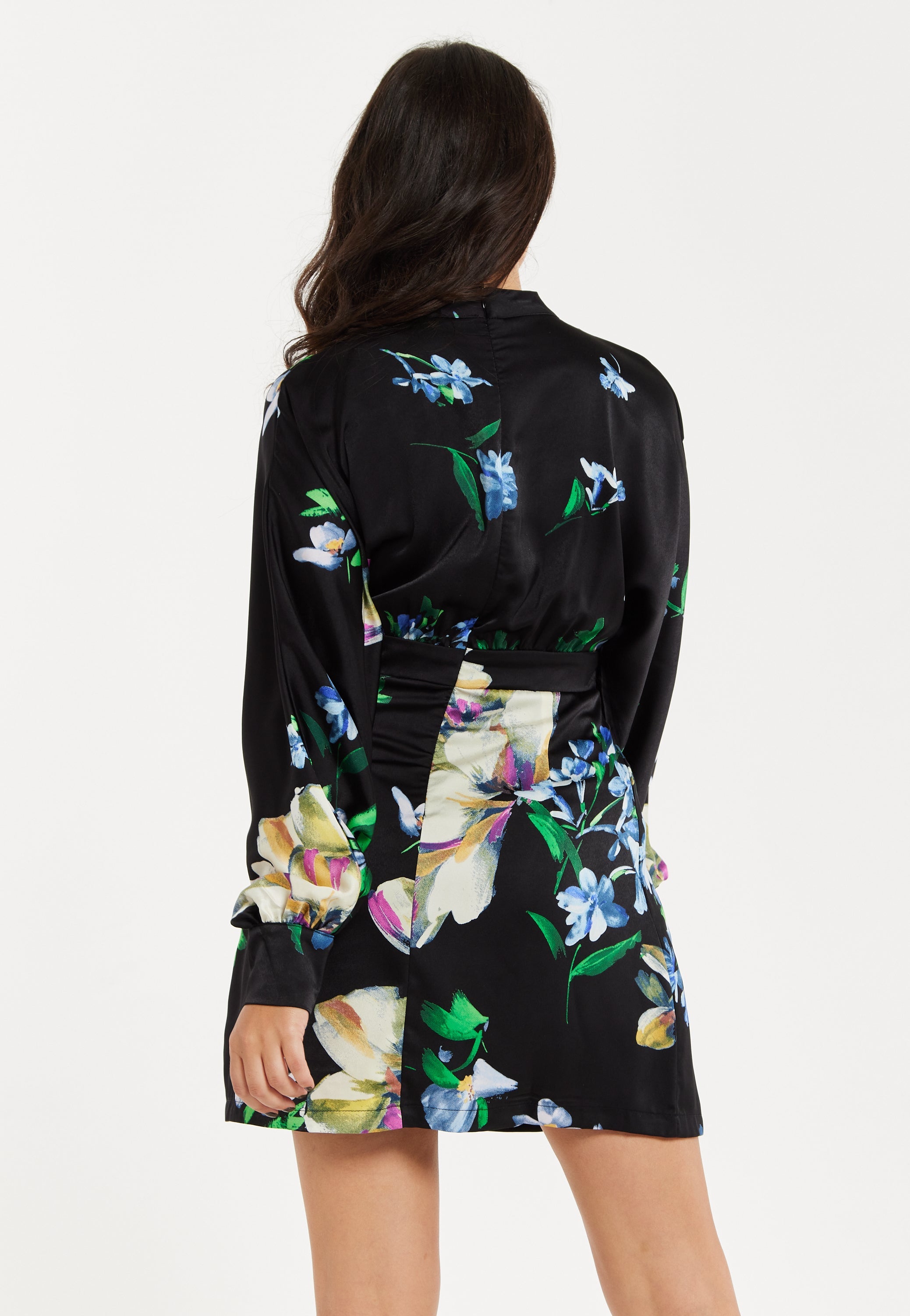 Women's Mini Dress with Long Balloon Sleeves in Floral Print and Cut Out Detail - Elegant Black and Multi-Colored Design by Liquorish