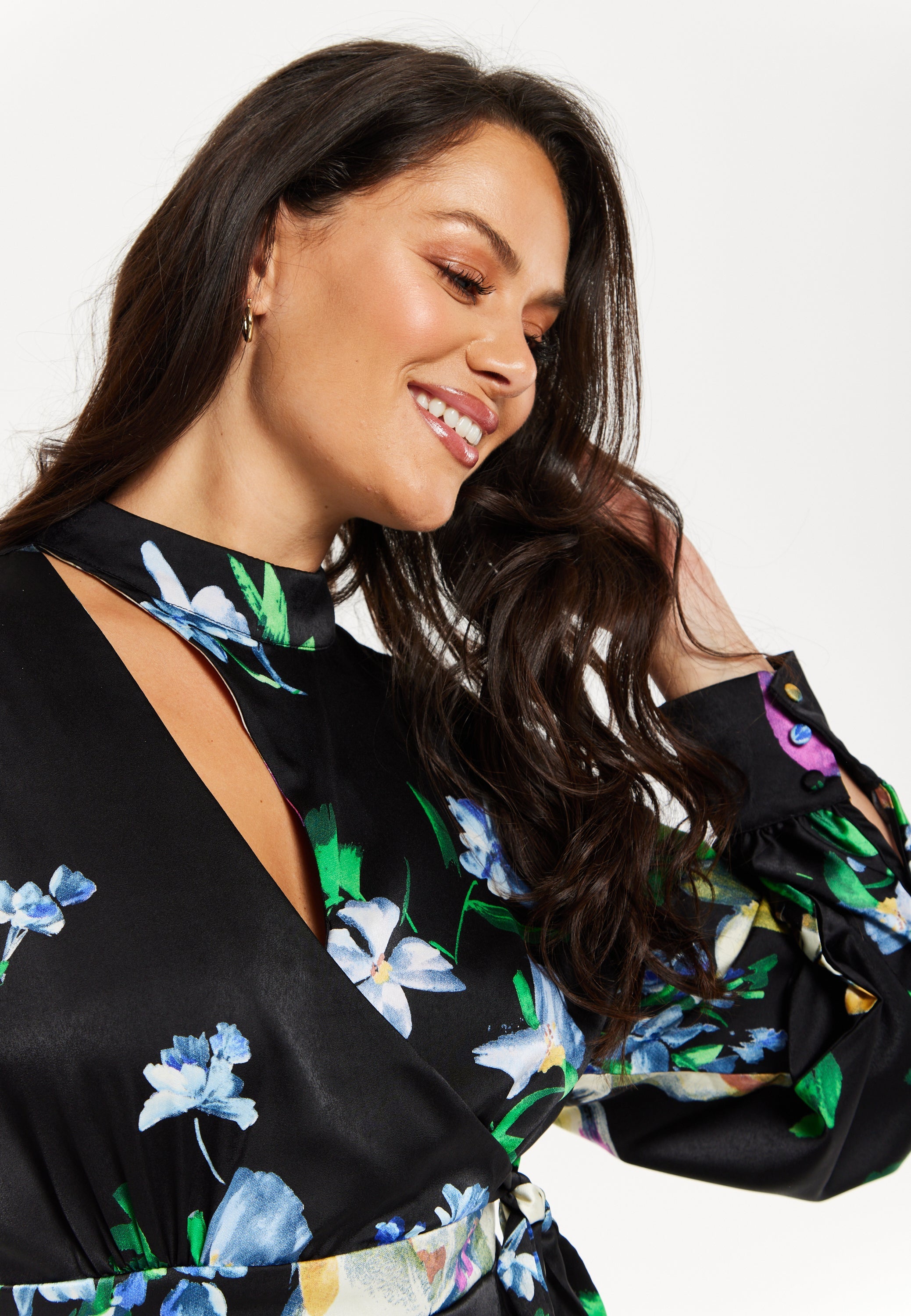 Women's Mini Dress with Long Balloon Sleeves in Floral Print and Cut Out Detail - Elegant Black and Multi-Colored Design by Liquorish