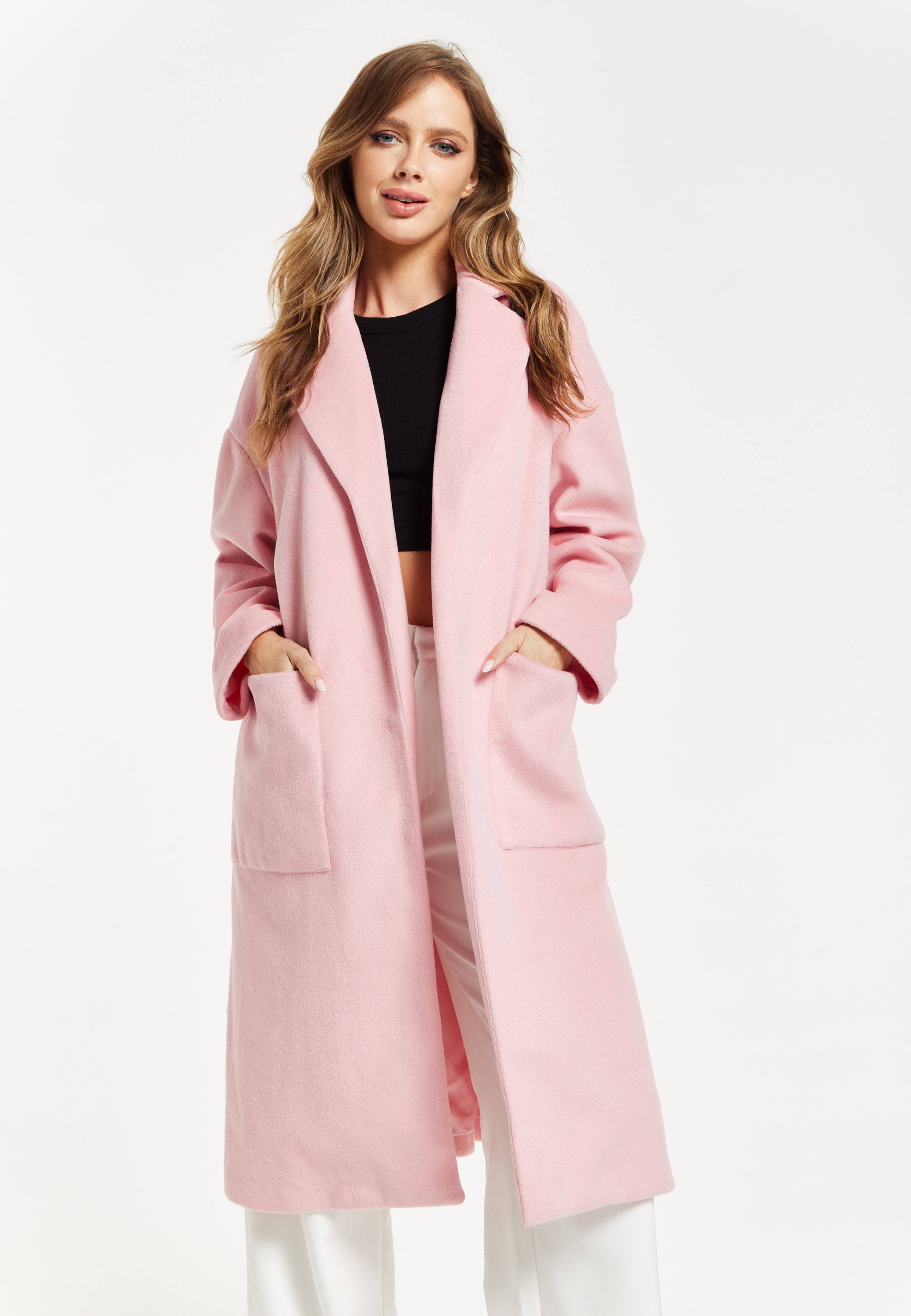 Women’s Pink Longline Coat with Notch Collar and Tie Waist – Relaxed Fit, Side Pockets, Fits Large to Size, Liquorish