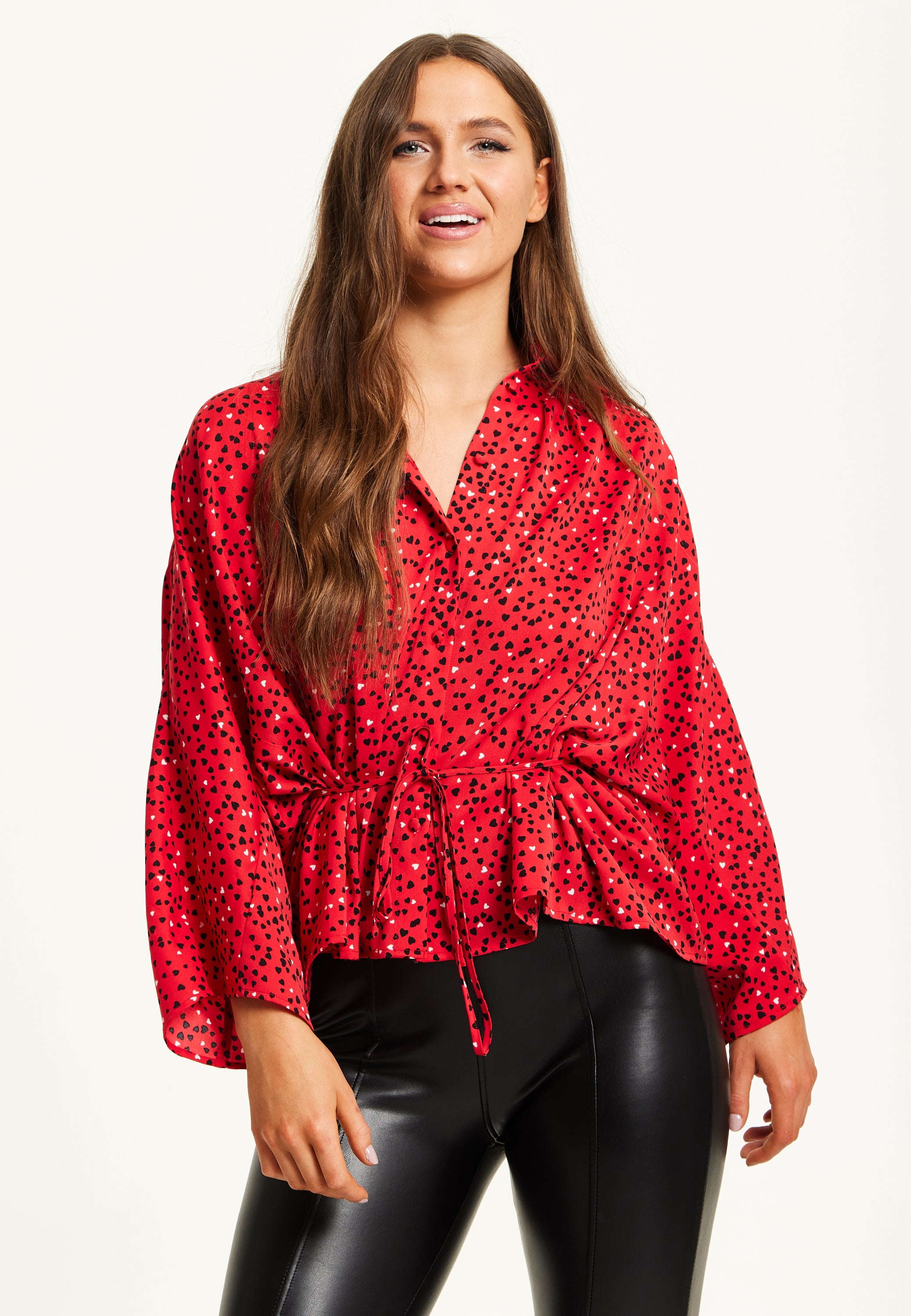 Women’s Heart Print Shirt with Long Sleeves, Tie Waist, Shirt Collar, Regular Fit, Button Up Front