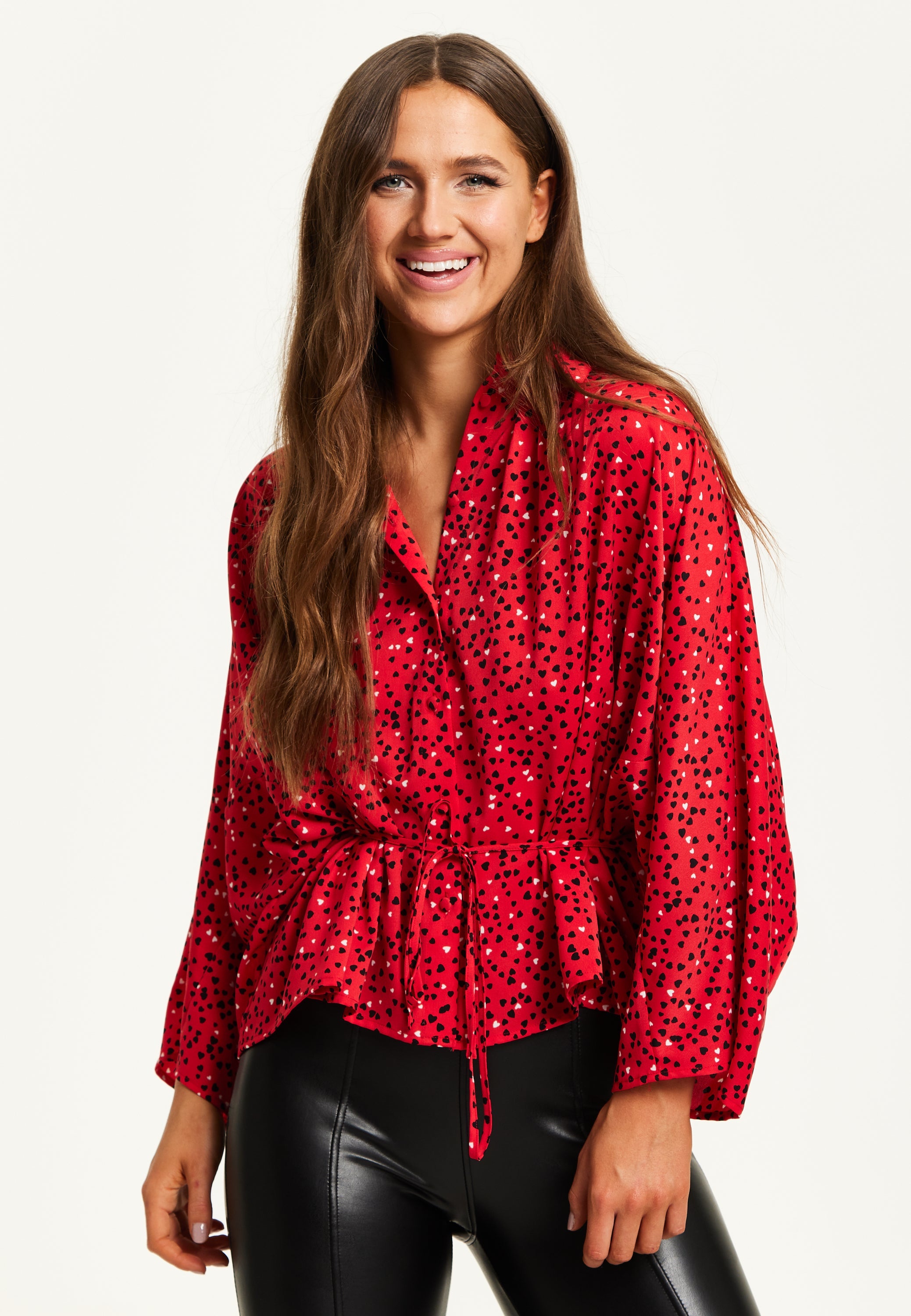 Women’s Heart Print Shirt with Long Sleeves, Tie Waist, Shirt Collar, Regular Fit, Button Up Front