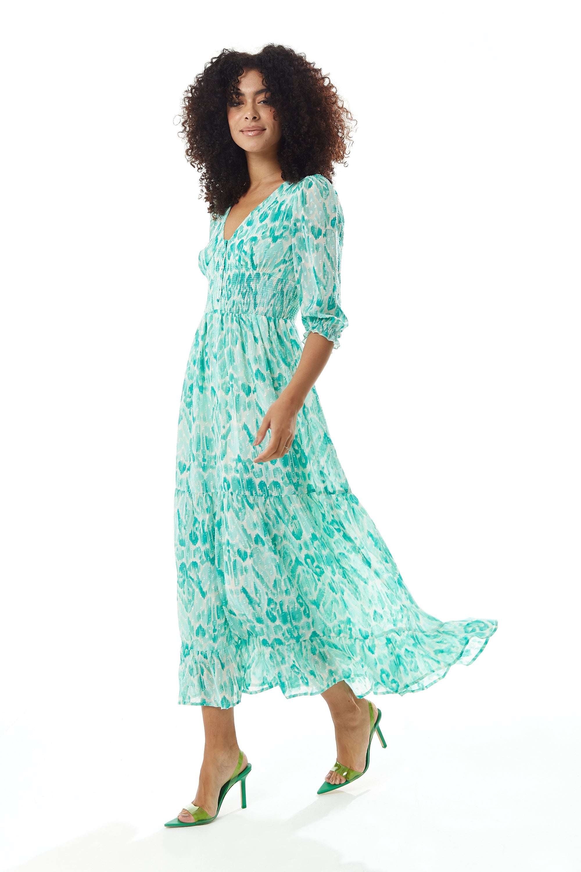 Women's Maxi Dress in Green and White with 3/4 Sleeves and Luxurious Chiffon Fabric - Liquorish